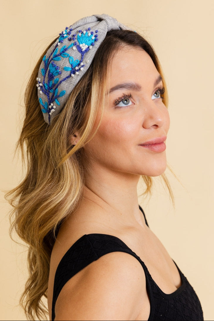 Aqua Blossom Embroidered Headband - NeoKira Unlimited