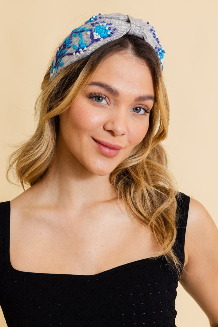 Aqua Blossom Embroidered Headband - NeoKira Unlimited