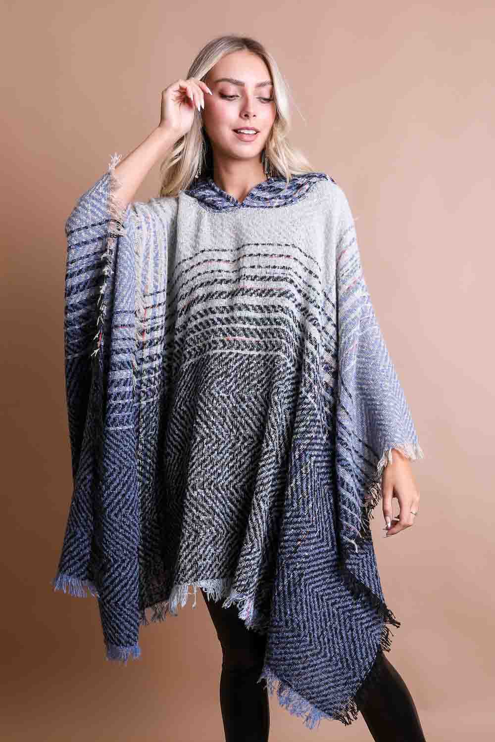 Herringbone Hooded Poncho Ponchos Leto Collection Blue  