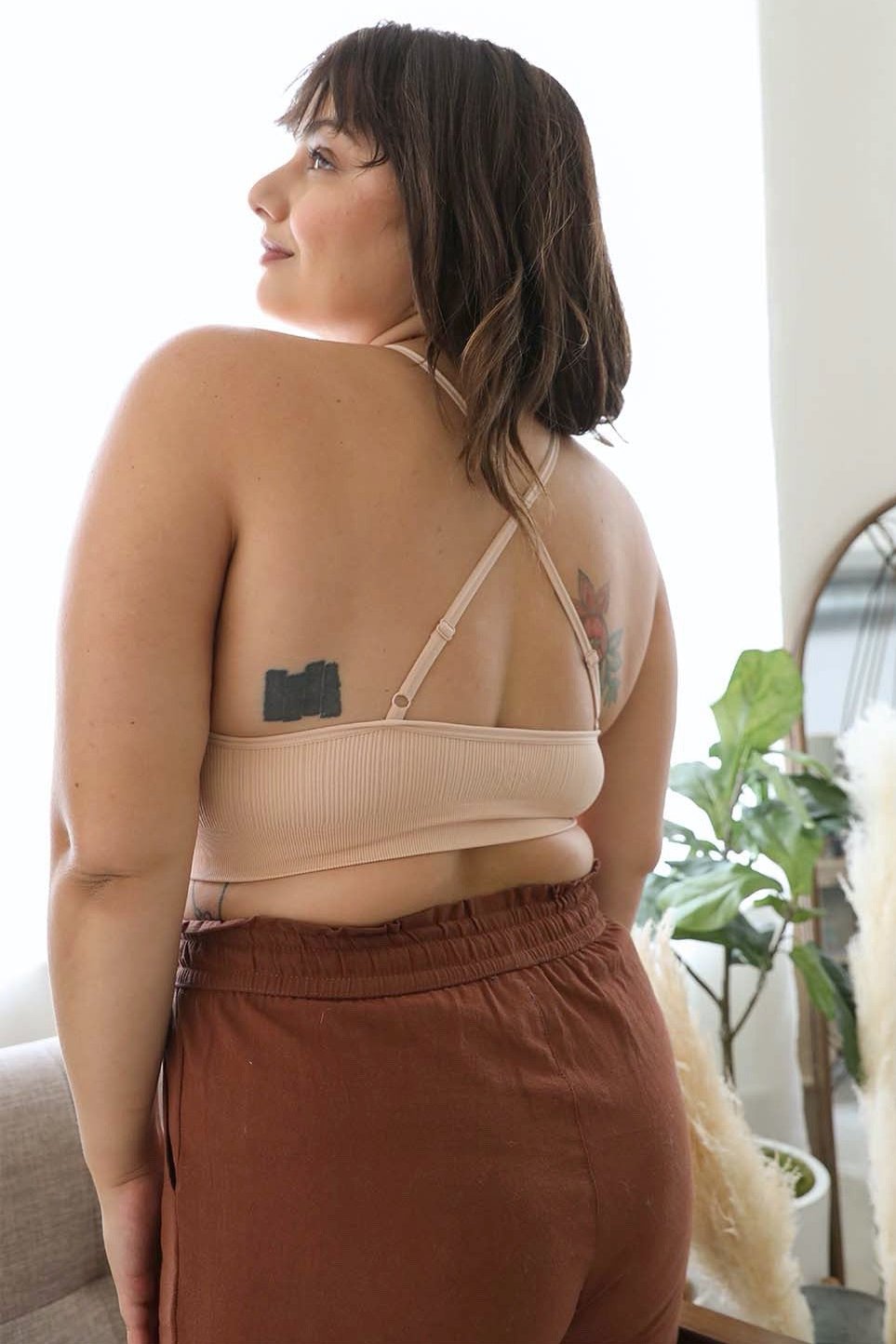 Soft and stretchy blush crochet bralette high neck plus size.