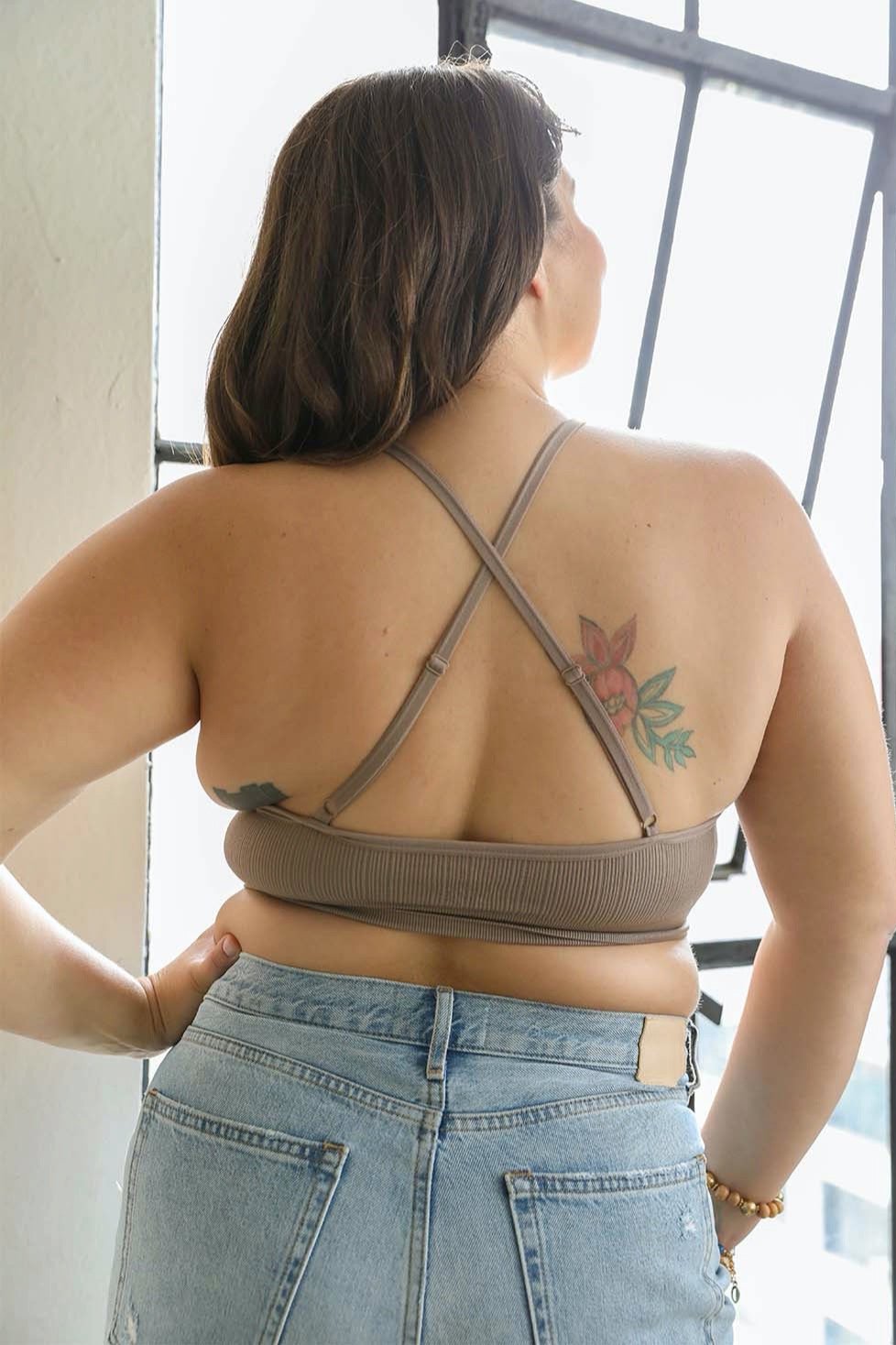 Breathable plus size mocha crochet bralette with halter design.