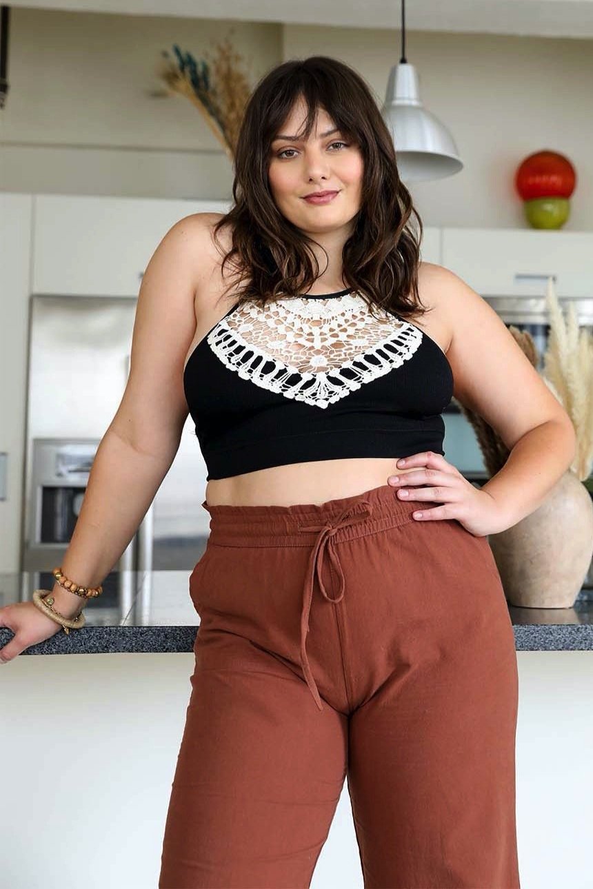 Plus size black high neck crochet bralette soft and lightweight.