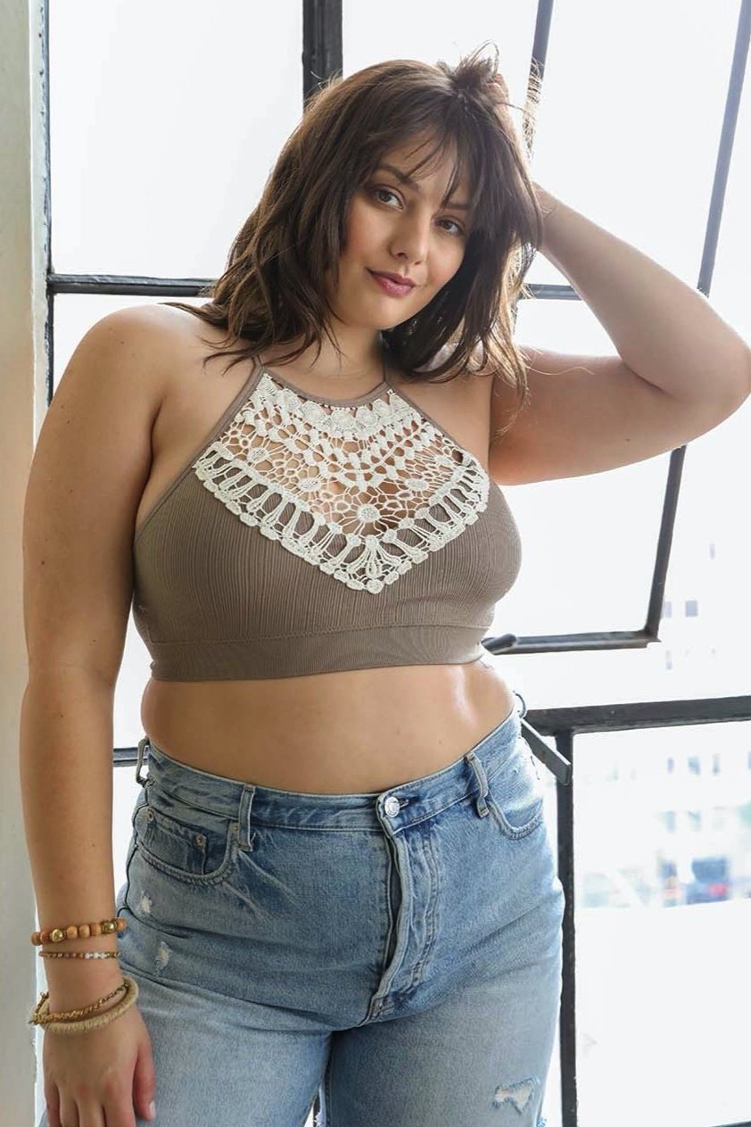 Stylish plus size high neck mocha crochet bralette with lace detail.
