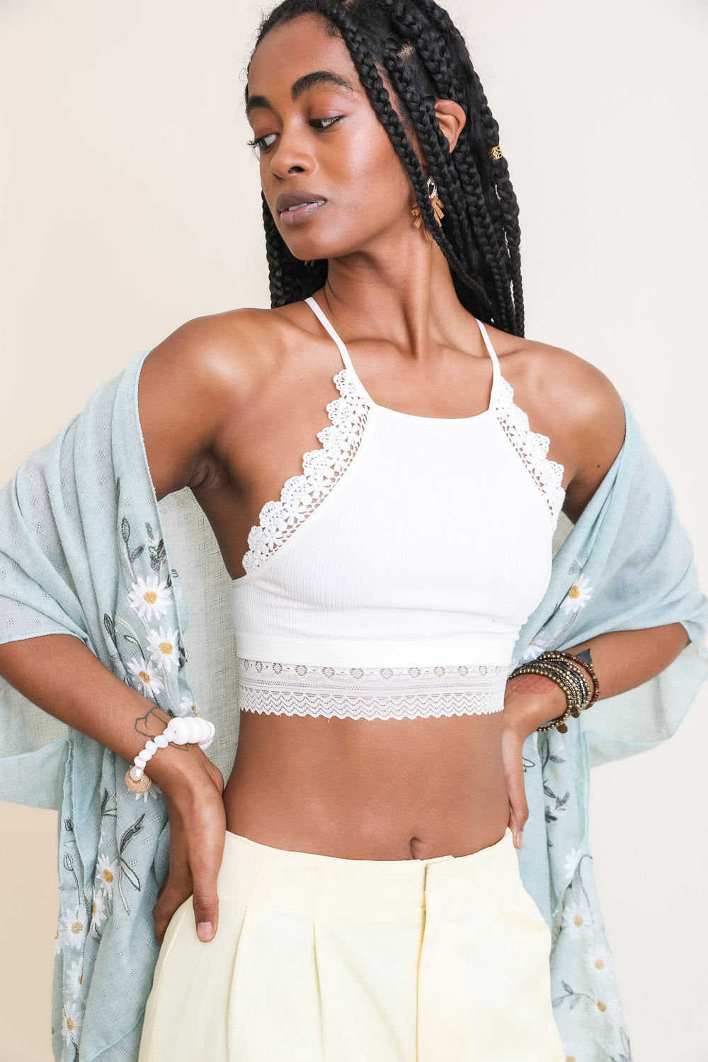 High Neck Crochet Trim Bralette Bralette Leto Collection Small Ivory 