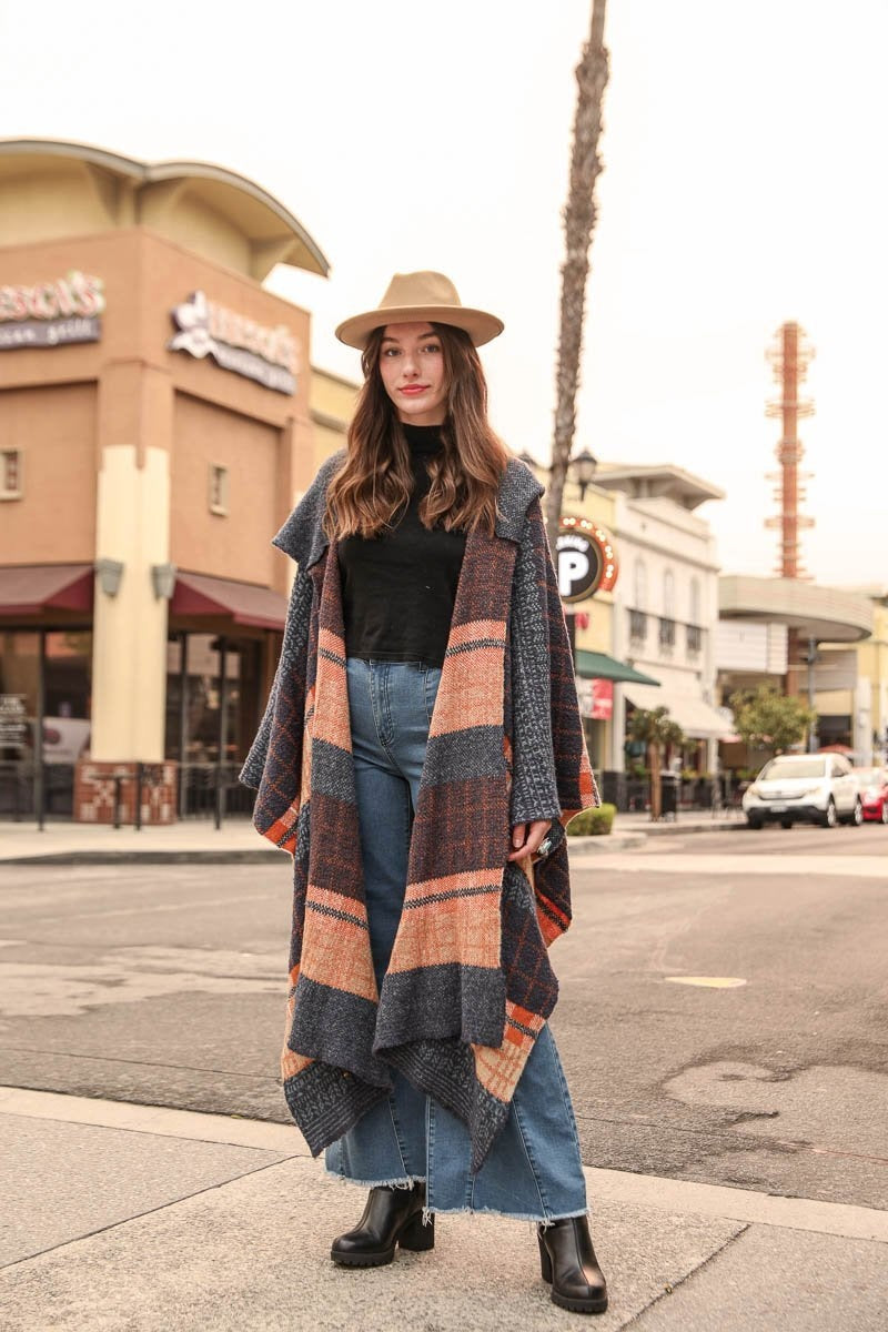 Hooded Tartan Ruana Ponchos Leto Collection Teal  