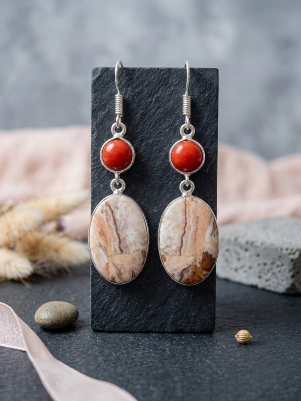 Crazy Lace Agate Red Coral Dangle Earrings 925 Sterling Silver Bohemian 2.2" - NeoKira Unlimited