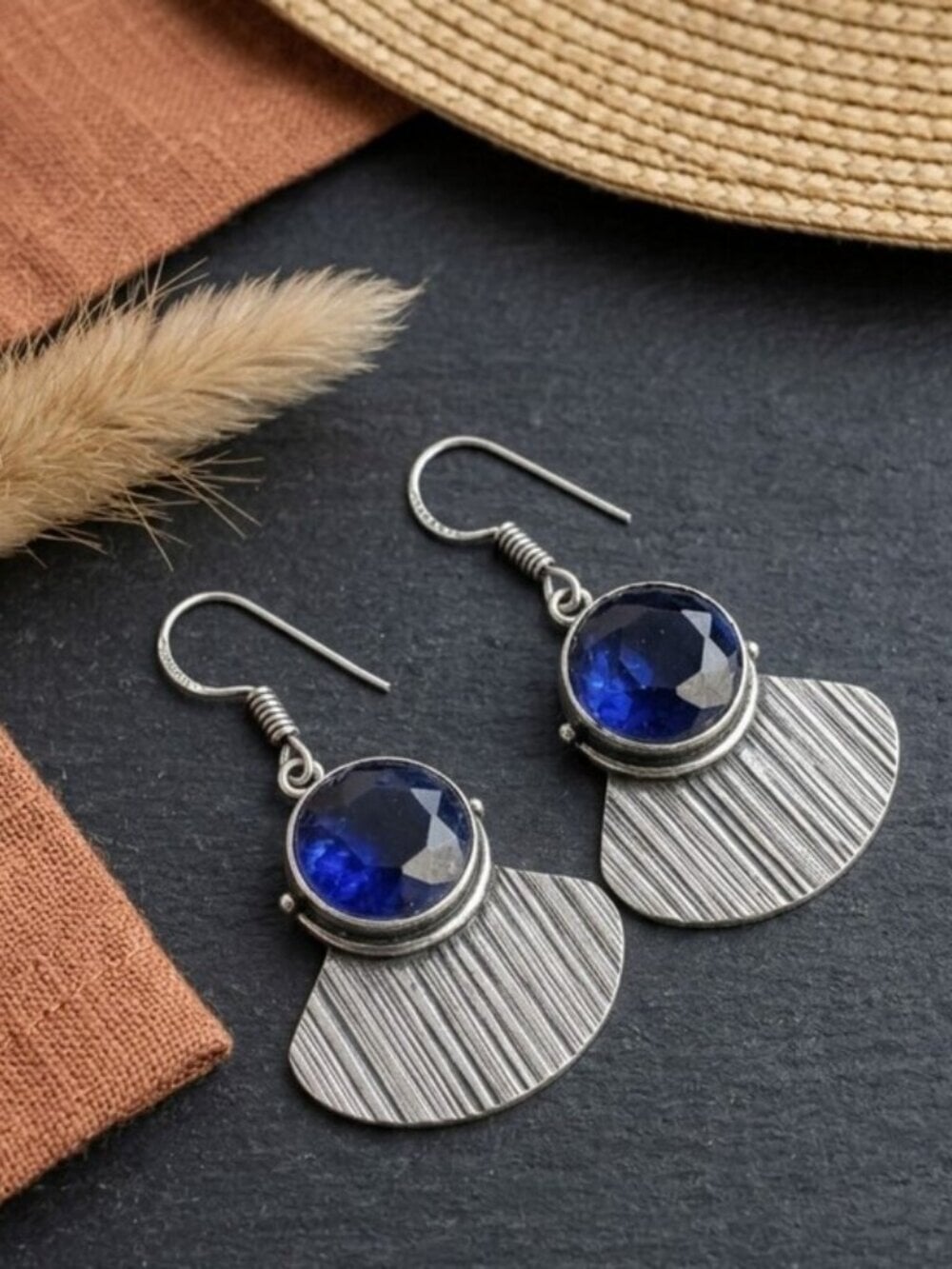 Dark Blue Crystal Fan Drop Earrings Artisan Boho 925 Sterling Silver Sz 1.8" L - NeoKira Unlimited