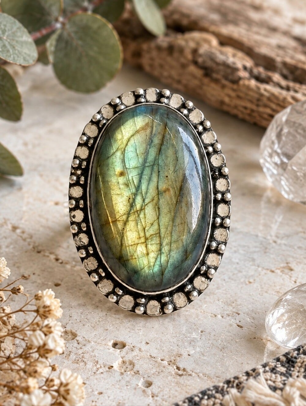 Genuine Labradorite Ring 925 Sterling Silver Beaded Artisan Boho Western Sz 9 - NeoKira Unlimited
