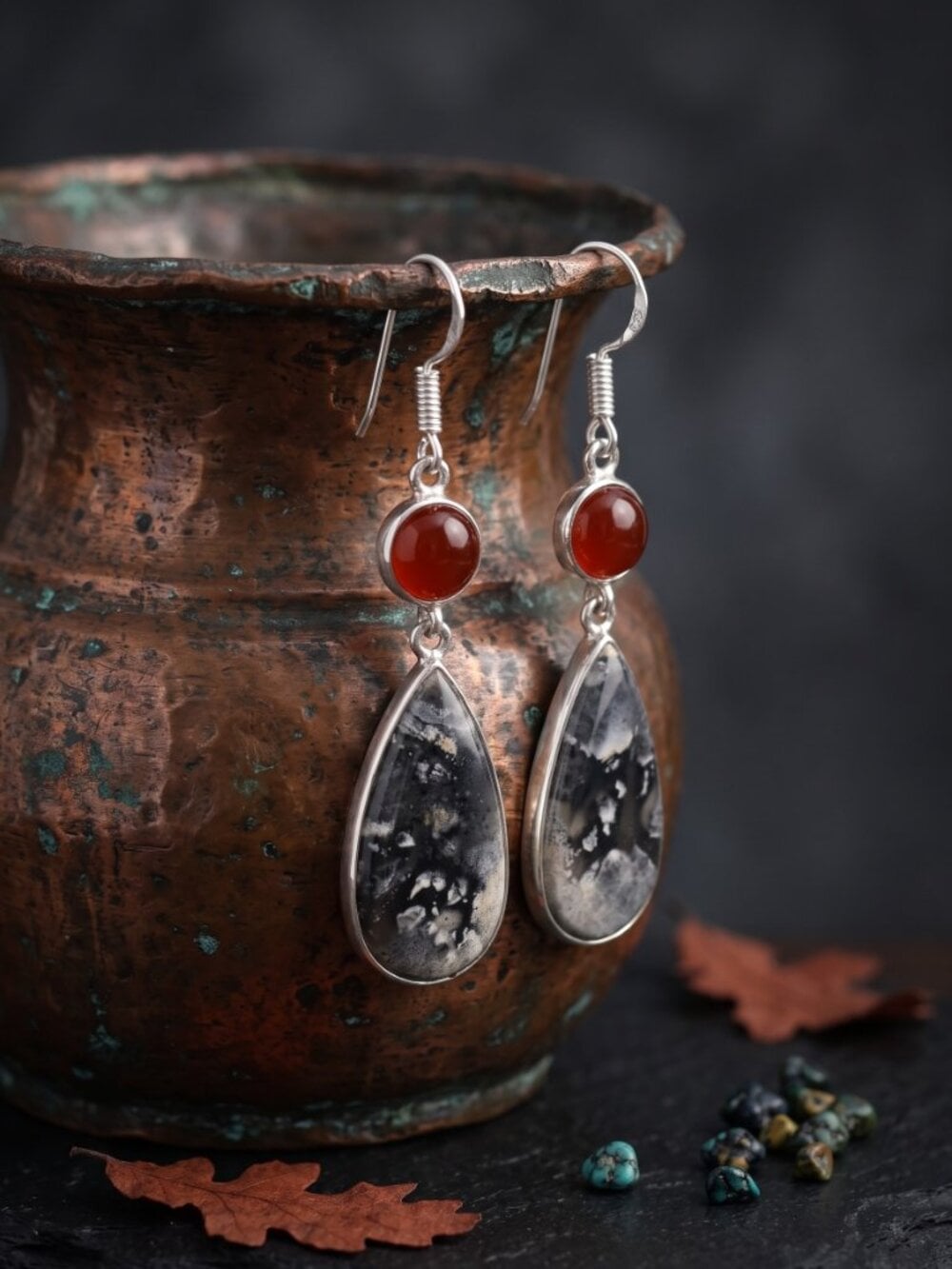 Maligano Jasper Carnelian Earrings 925 Sterling Silver Teardrop Dangle Boho 2.3" - NeoKira Unlimited