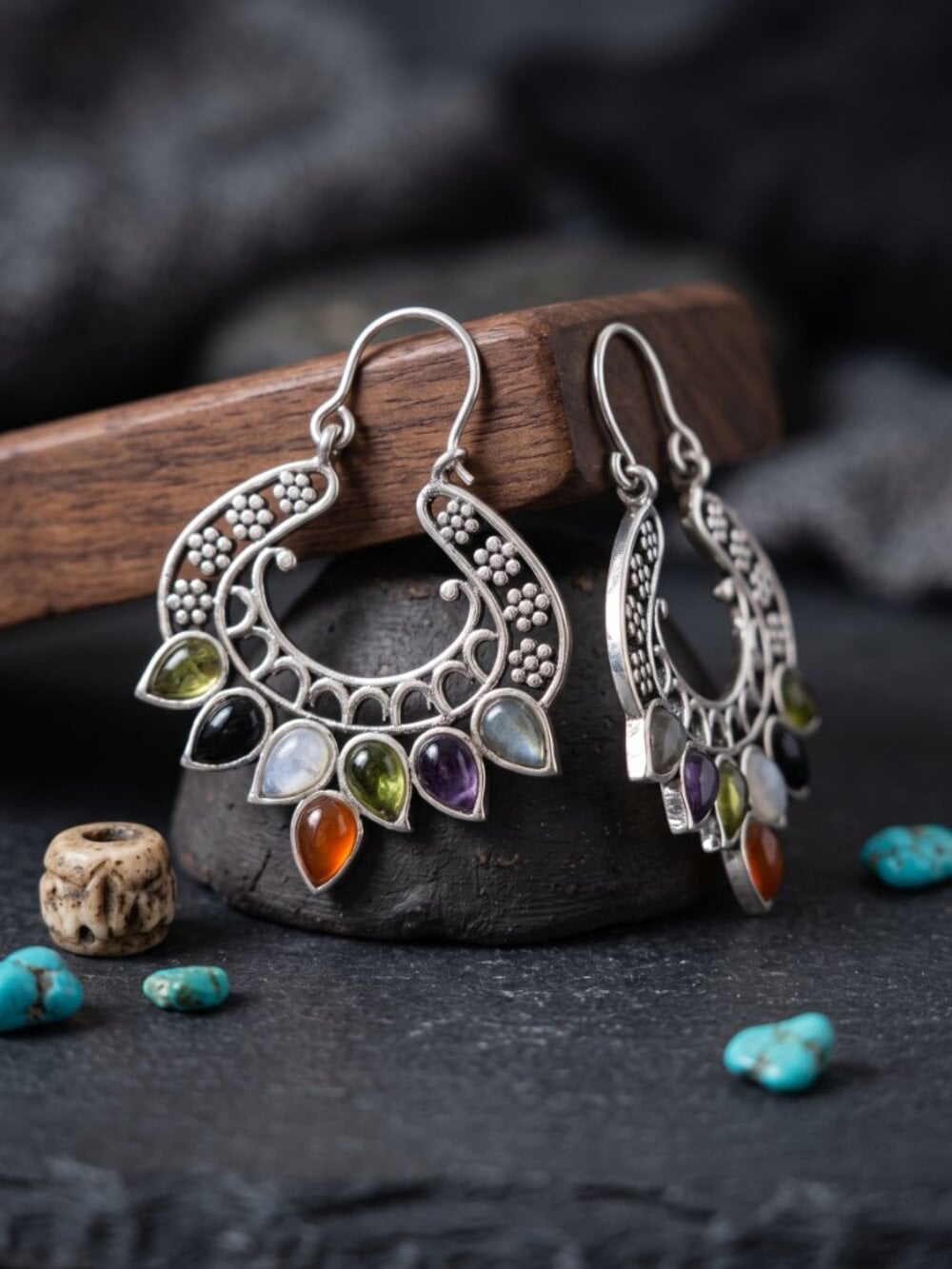 925 Sterling Silver Multi Gemstone Chakra Hoop Earrings Bali Filigree Boho 1.7" - NeoKira Unlimited
