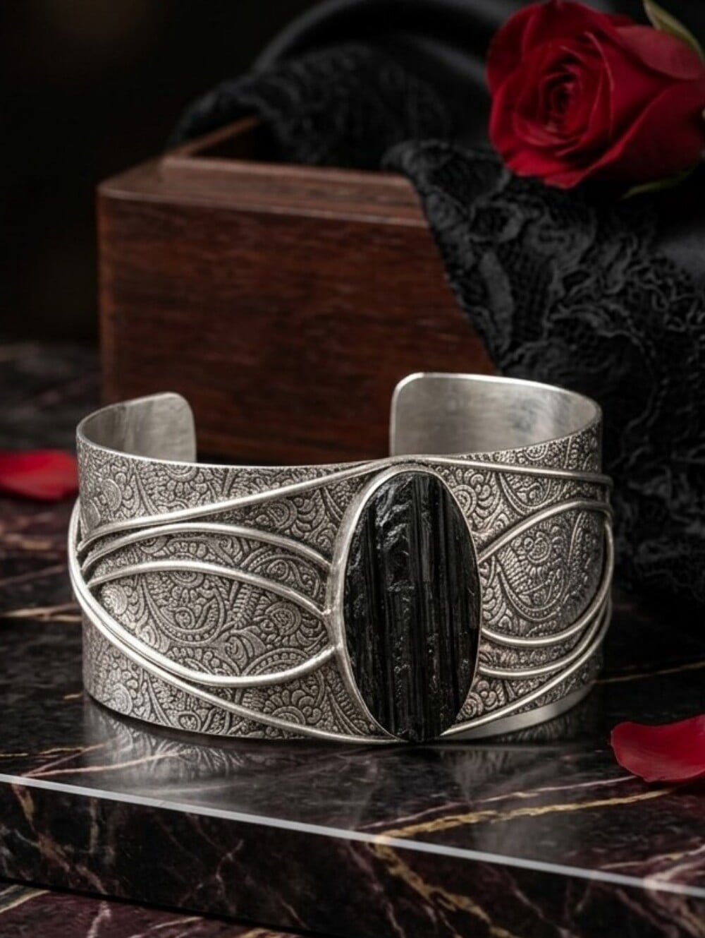 Sterling Silver Raw Black Tourmaline Wide Cuff Bracelet Whimsigoth Adjustable - NeoKira Unlimited