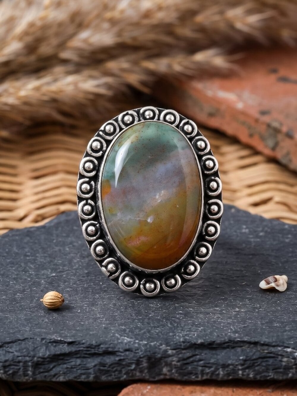 Fancy Jasper Ring 925 Sterling Silver Ornate Beaded Bezel Boho Chic Size 7.25 - NeoKira Unlimited