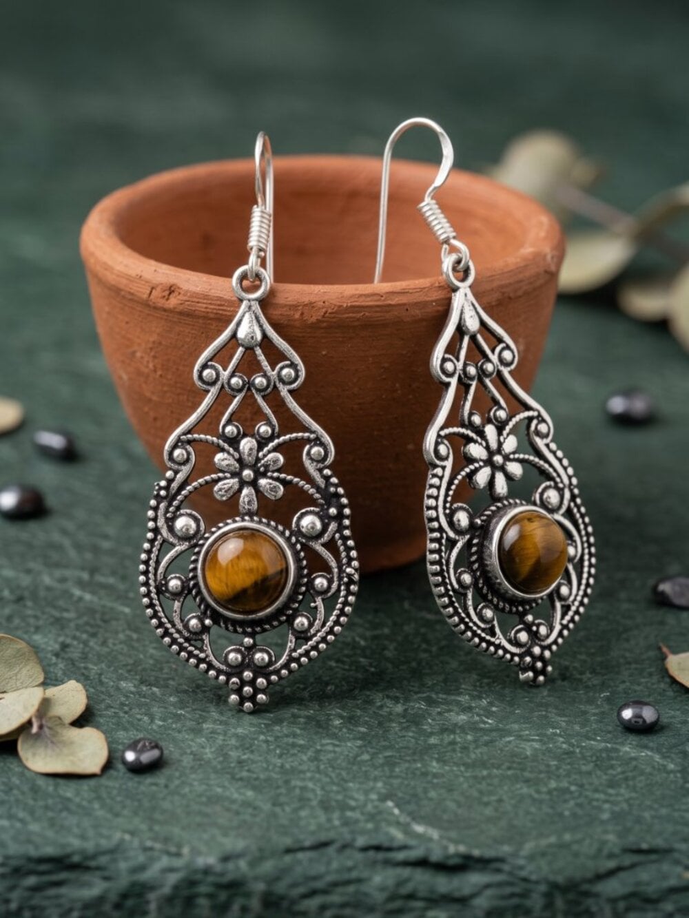 Tigers Eye Filigree Drop Earrings 925 Sterling Silver Artisan Boho 2.3"L - NeoKira Unlimited