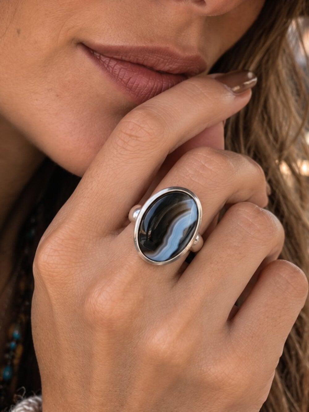 925 Sterling Silver Banded Agate Statement Ring Vintage Bohemian Oval - NeoKira Unlimited