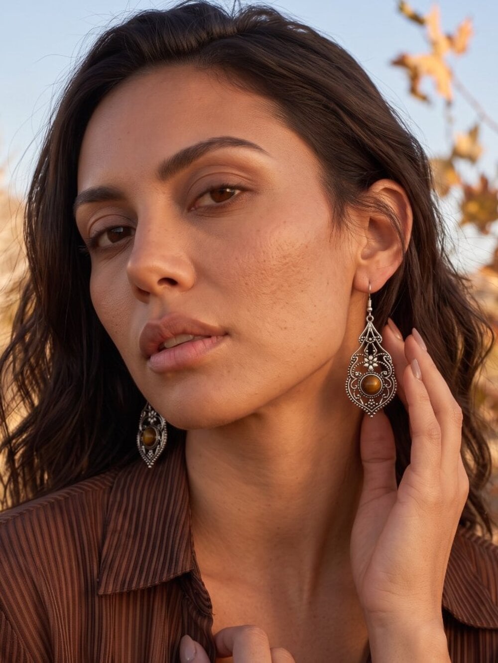 Tigers Eye Filigree Drop Earrings 925 Sterling Silver Artisan Boho 2.3"L - NeoKira Unlimited