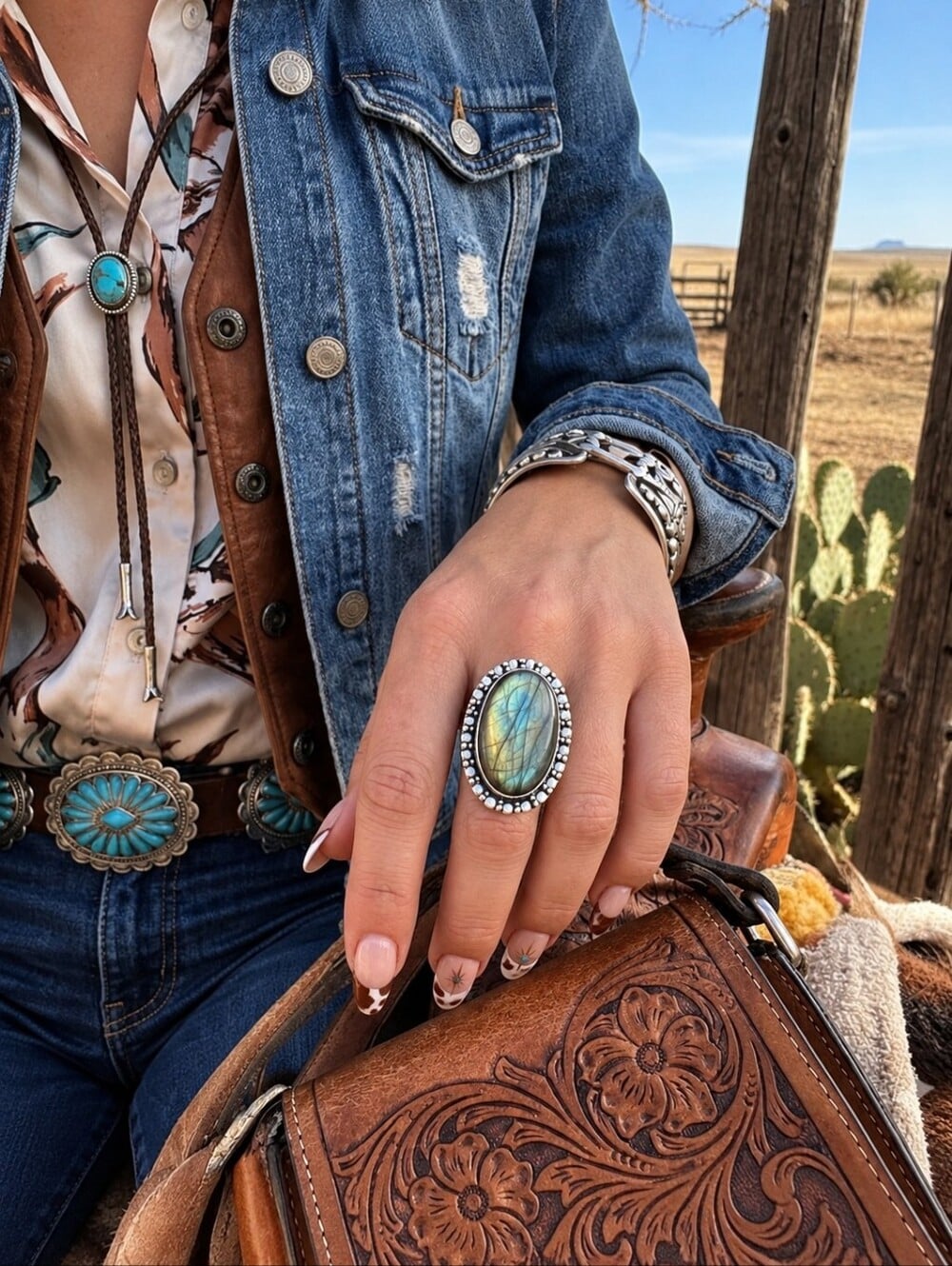 Genuine Labradorite Ring 925 Sterling Silver Beaded Artisan Boho Western Sz 9 - NeoKira Unlimited