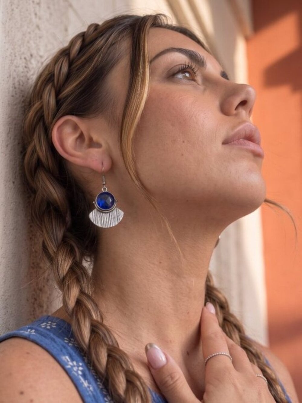 Dark Blue Crystal Fan Drop Earrings Artisan Boho 925 Sterling Silver Sz 1.8" L - NeoKira Unlimited