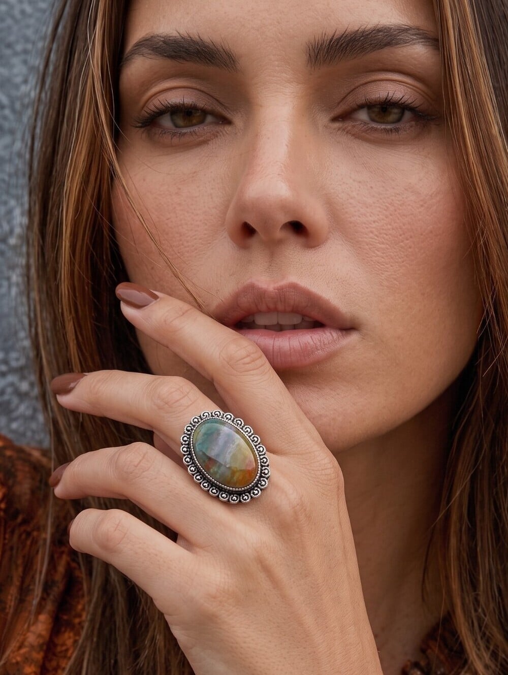 Fancy Jasper Ring 925 Sterling Silver Ornate Beaded Bezel Boho Chic Size 7.25 - NeoKira Unlimited