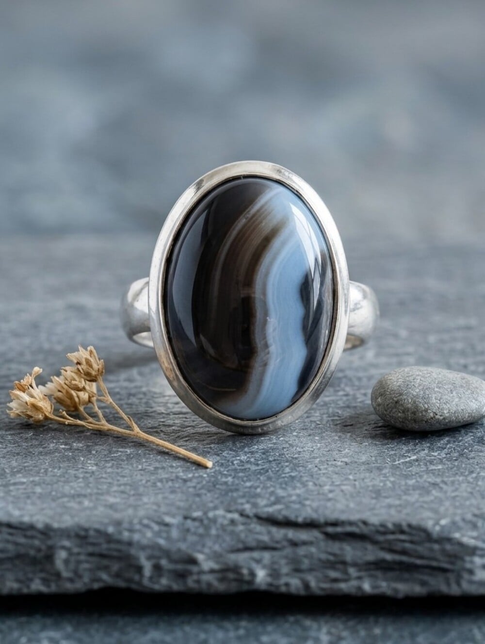925 Sterling Silver Banded Agate Statement Ring Vintage Bohemian Oval - NeoKira Unlimited