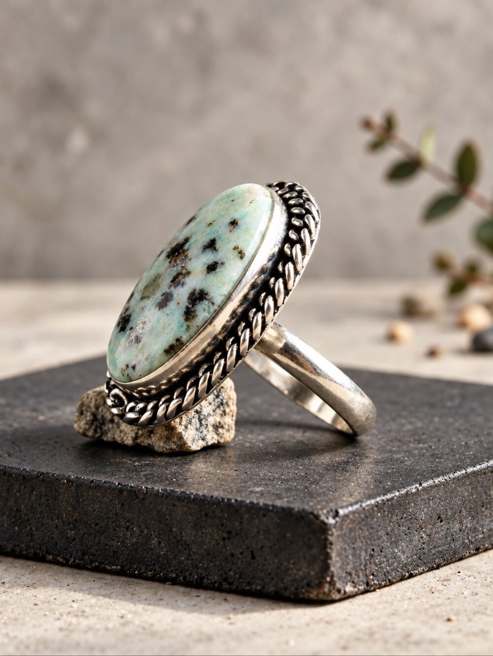 Kiwi Jasper Oval Ring Twisted Rope Bezel Artisan 925 Sterling Silver Boho Chic - NeoKira Unlimited