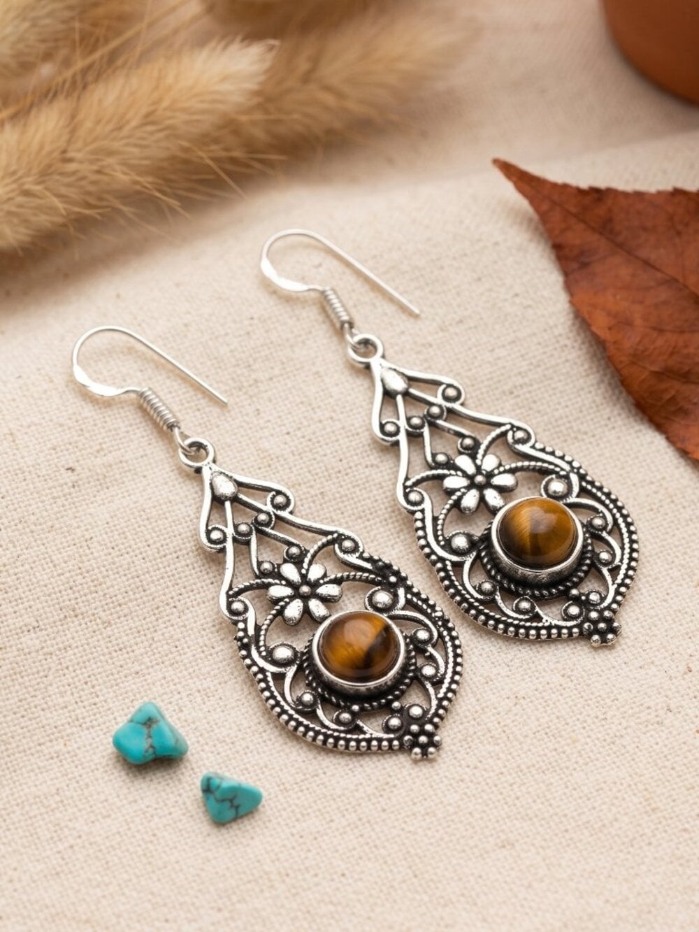 Tigers Eye Filigree Drop Earrings 925 Sterling Silver Artisan Boho 2.3"L - NeoKira Unlimited
