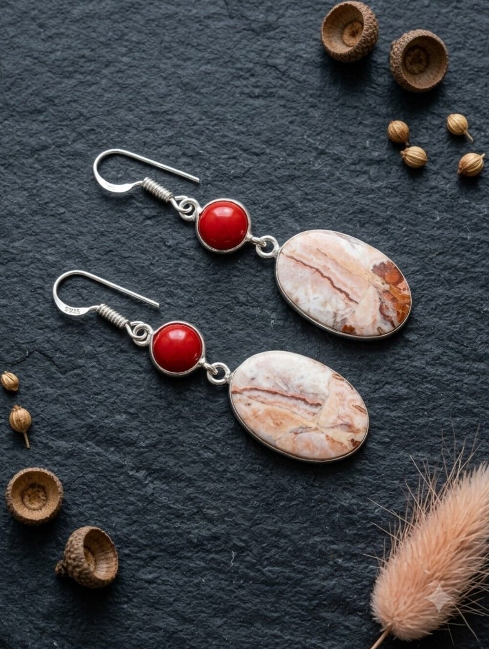 Crazy Lace Agate Red Coral Dangle Earrings 925 Sterling Silver Bohemian 2.2" - NeoKira Unlimited