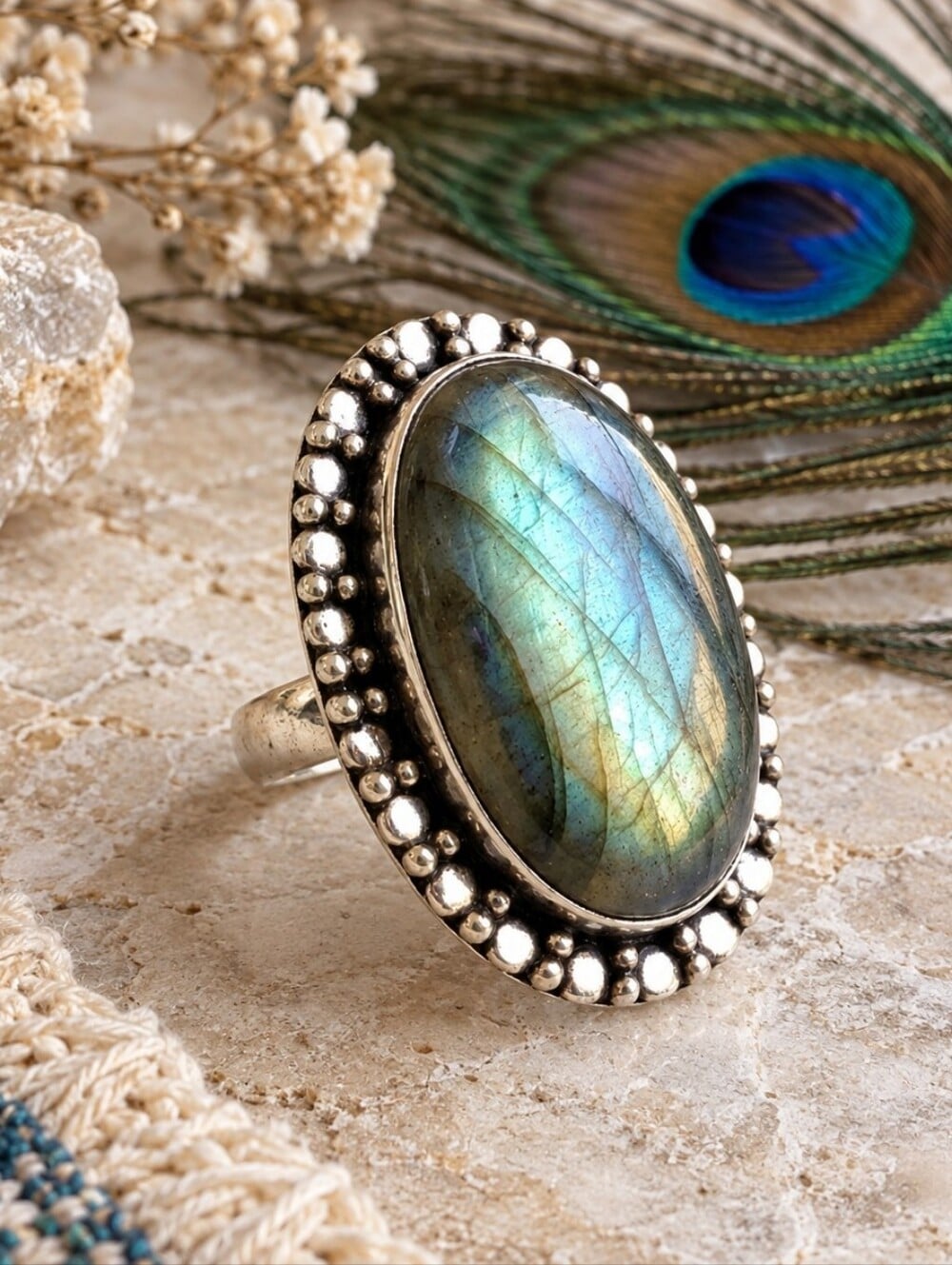 Genuine Labradorite Ring 925 Sterling Silver Beaded Artisan Boho Western Sz 9 - NeoKira Unlimited