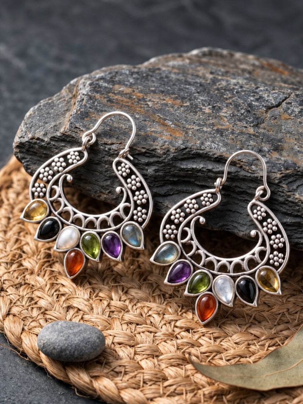 925 Sterling Silver Multi Gemstone Chakra Hoop Earrings Bali Filigree Boho 1.7" - NeoKira Unlimited
