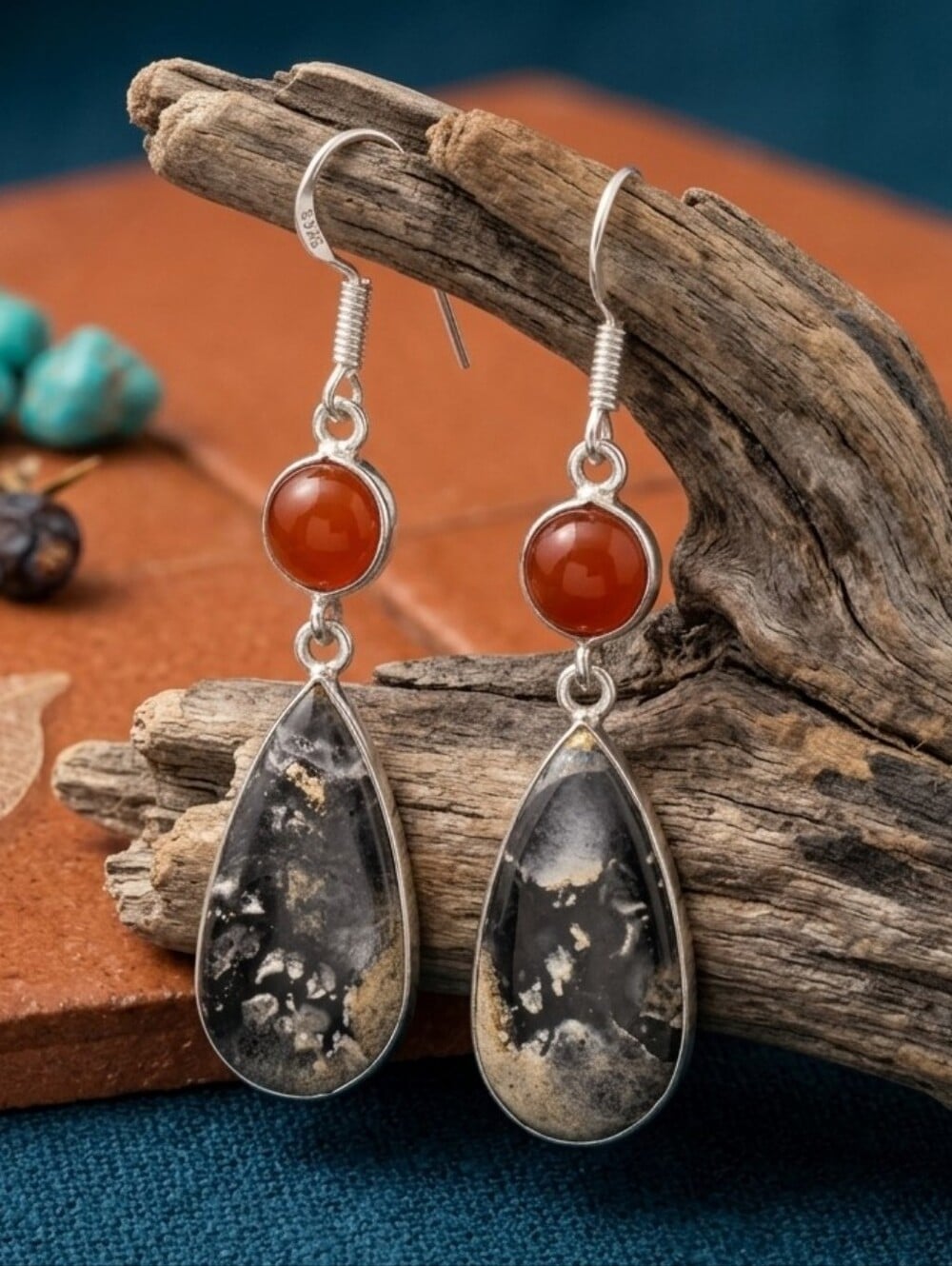 Maligano Jasper Carnelian Earrings 925 Sterling Silver Teardrop Dangle Boho 2.3" - NeoKira Unlimited