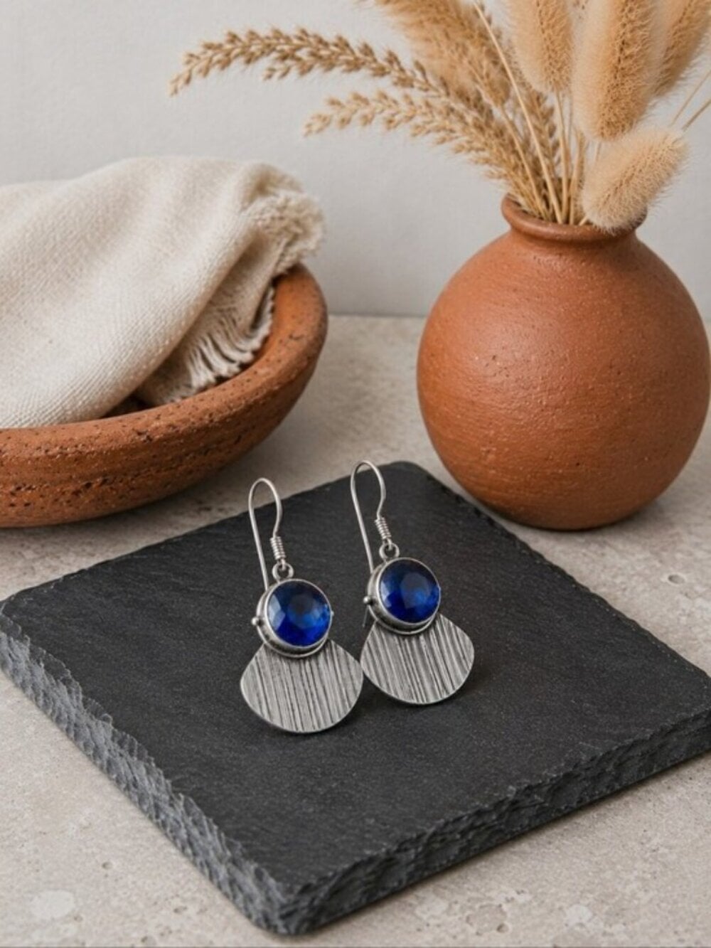 Dark Blue Crystal Fan Drop Earrings Artisan Boho 925 Sterling Silver Sz 1.8" L - NeoKira Unlimited