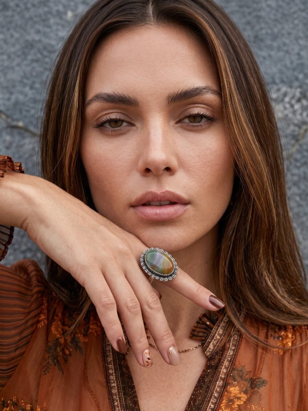 Fancy Jasper Ring 925 Sterling Silver Ornate Beaded Bezel Boho Chic Size 7.25 - NeoKira Unlimited