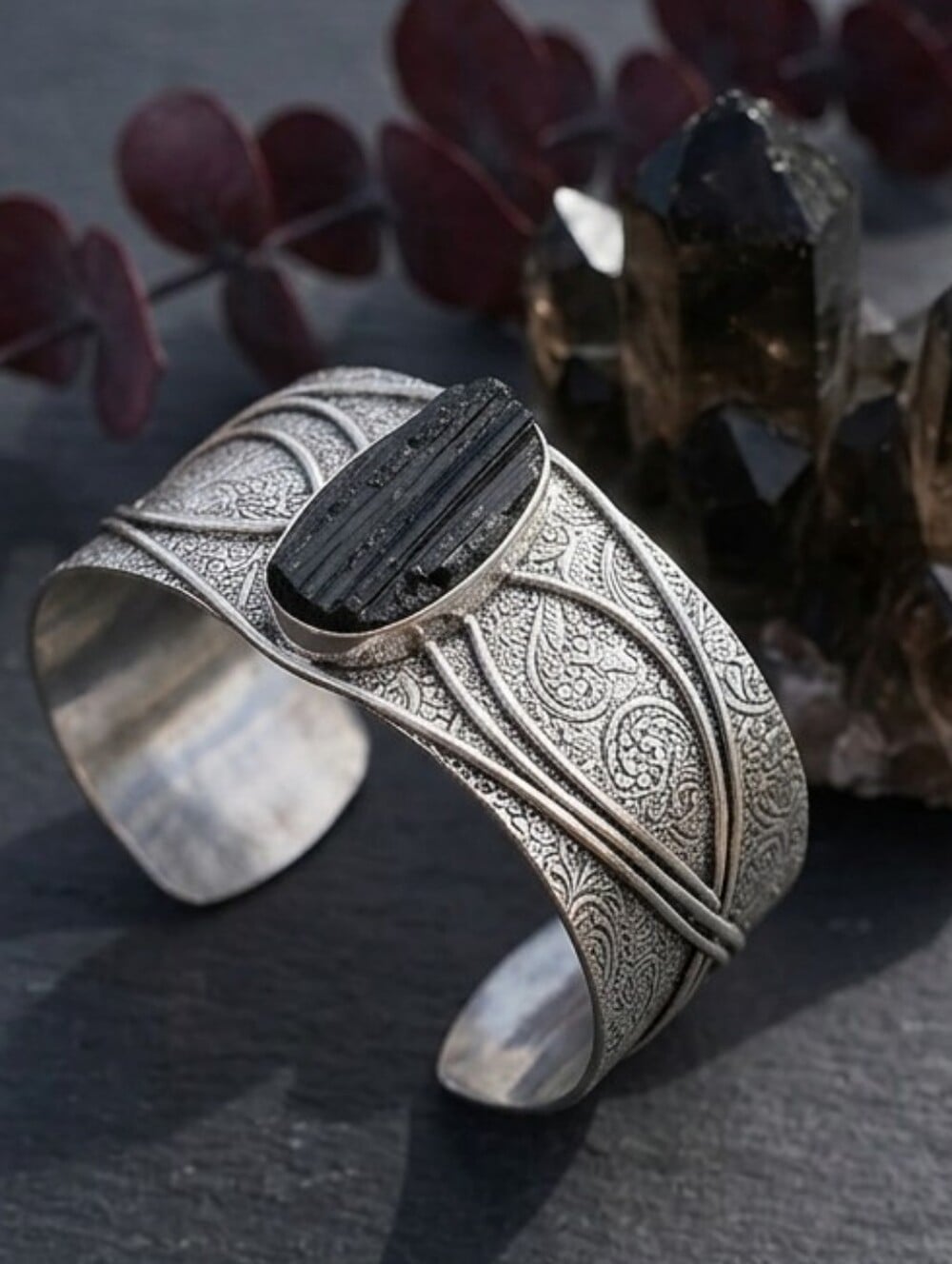 Sterling Silver Raw Black Tourmaline Wide Cuff Bracelet Whimsigoth Adjustable - NeoKira Unlimited