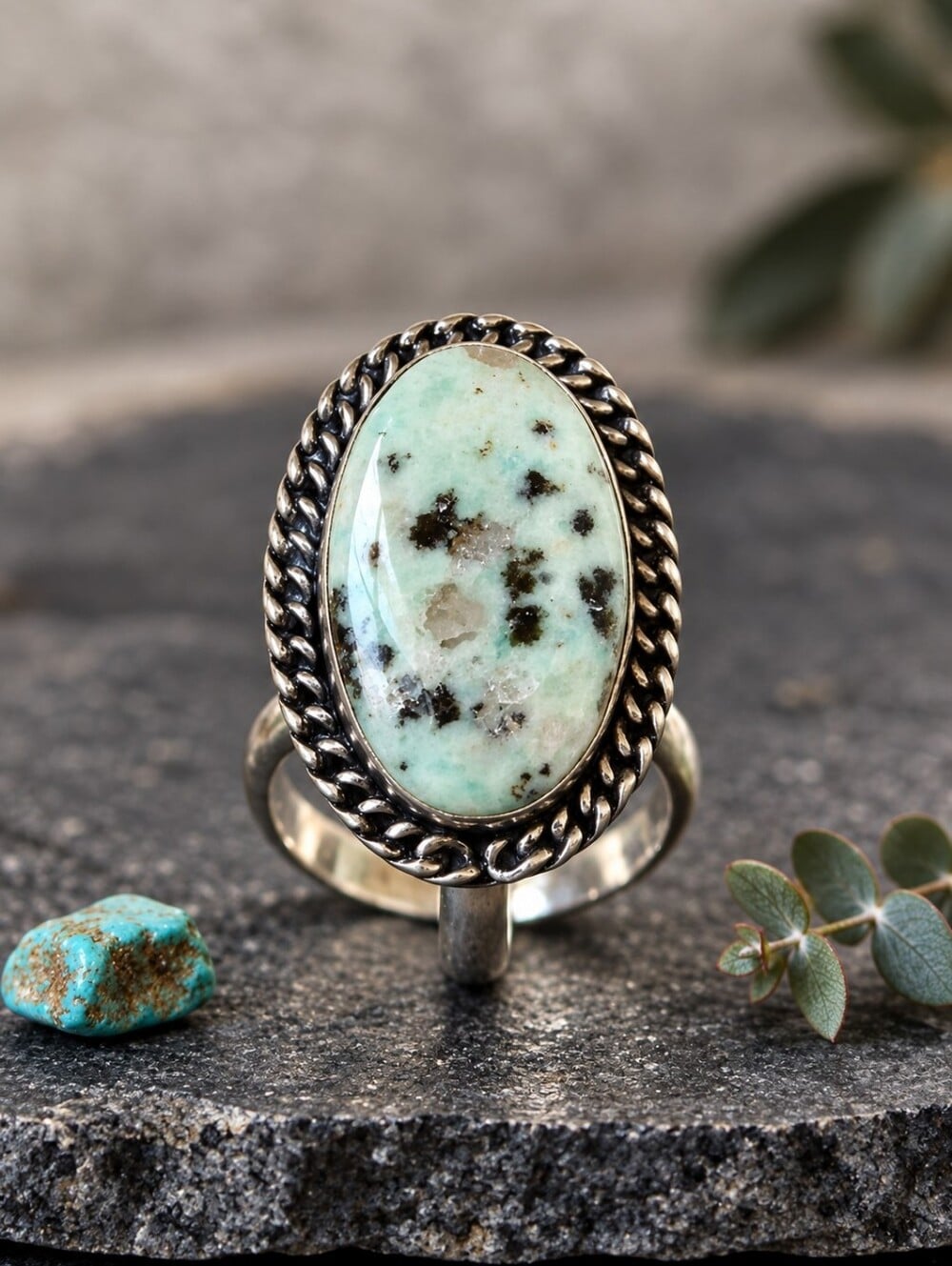 Kiwi Jasper Oval Ring Twisted Rope Bezel Artisan 925 Sterling Silver Boho Chic - NeoKira Unlimited