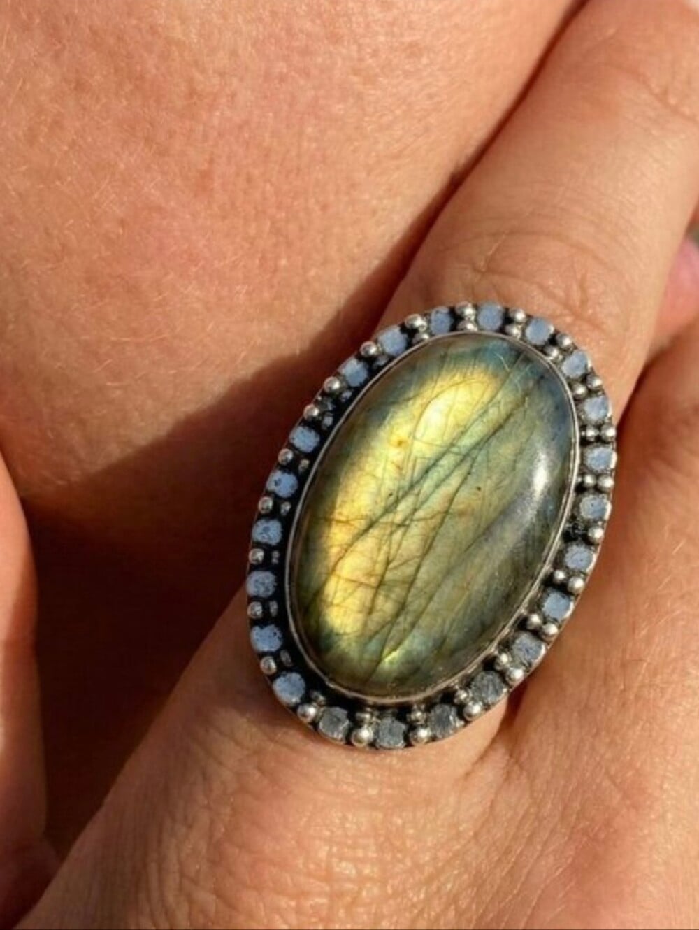 Genuine Labradorite Ring 925 Sterling Silver Beaded Artisan Boho Western Sz 9 - NeoKira Unlimited