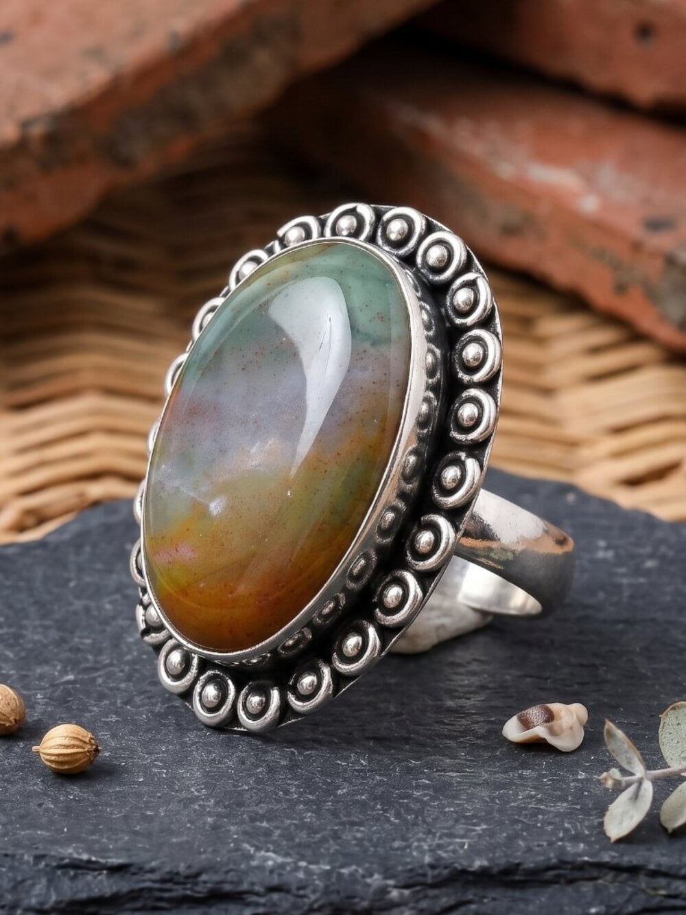 Fancy Jasper Ring 925 Sterling Silver Ornate Beaded Bezel Boho Chic Size 7.25 - NeoKira Unlimited