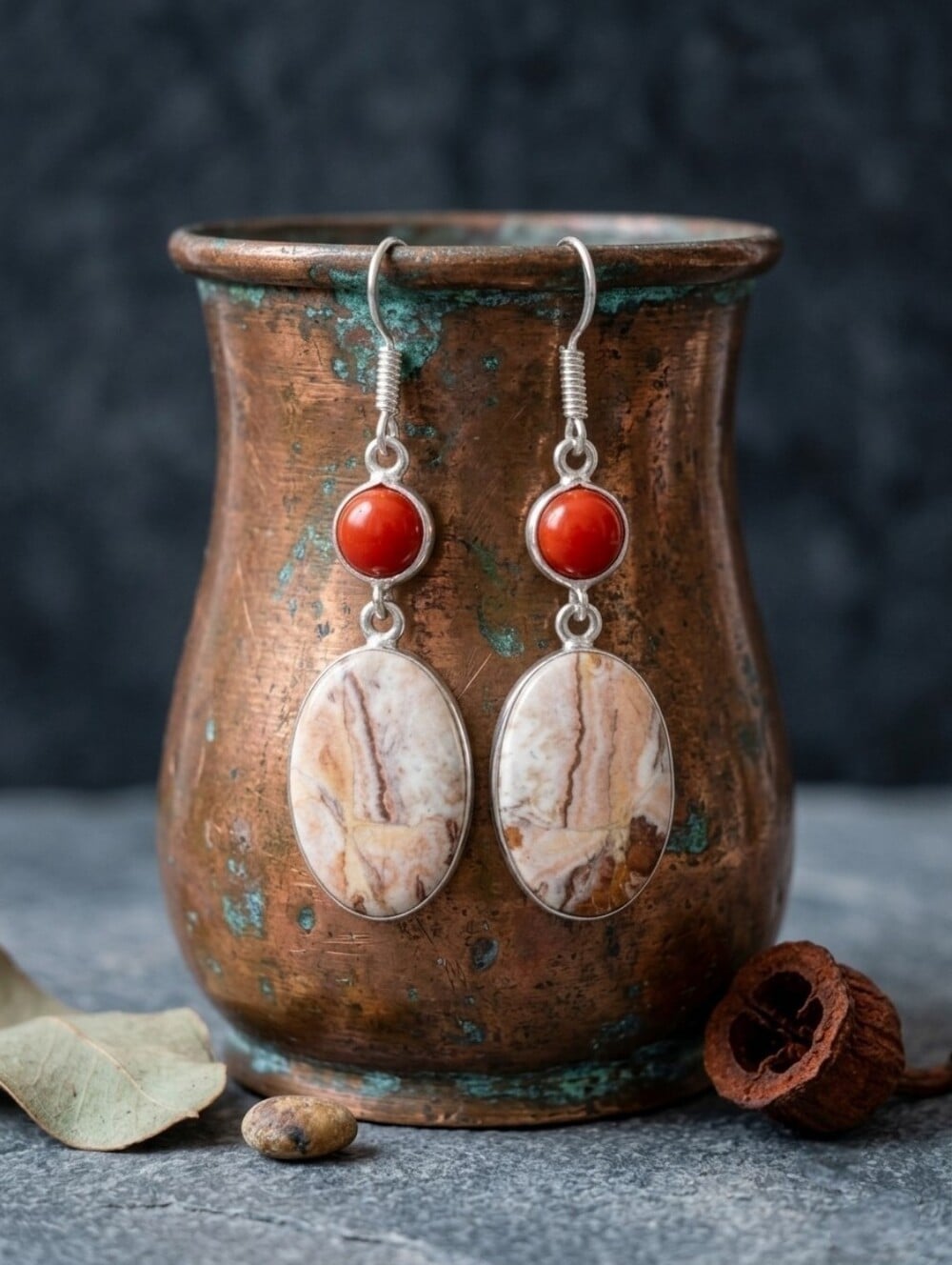 Crazy Lace Agate Red Coral Dangle Earrings 925 Sterling Silver Bohemian 2.2" - NeoKira Unlimited
