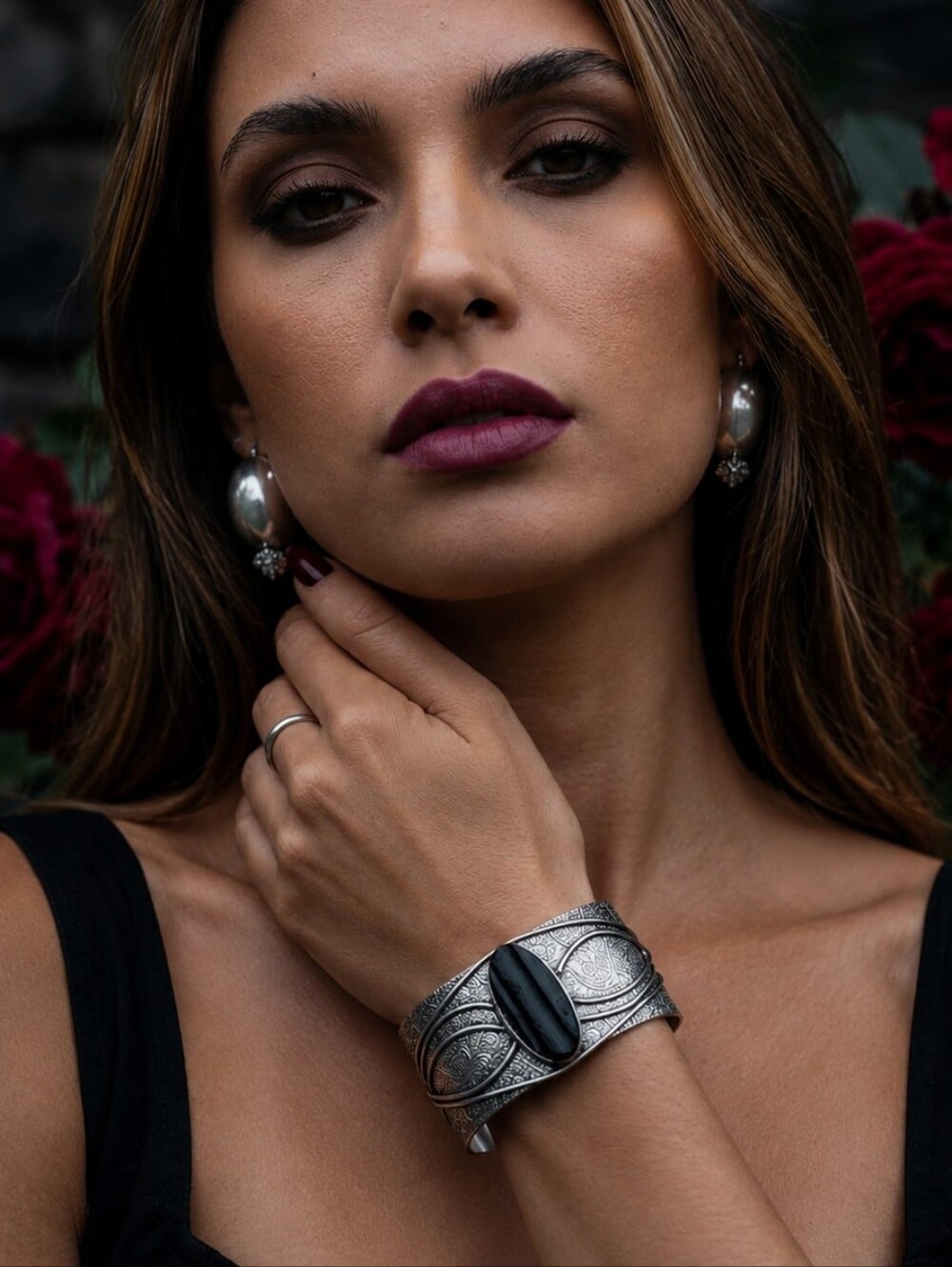 Sterling Silver Raw Black Tourmaline Wide Cuff Bracelet Whimsigoth Adjustable - NeoKira Unlimited