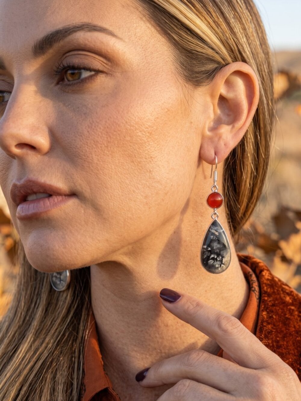 Maligano Jasper Carnelian Earrings 925 Sterling Silver Teardrop Dangle Boho 2.3" - NeoKira Unlimited