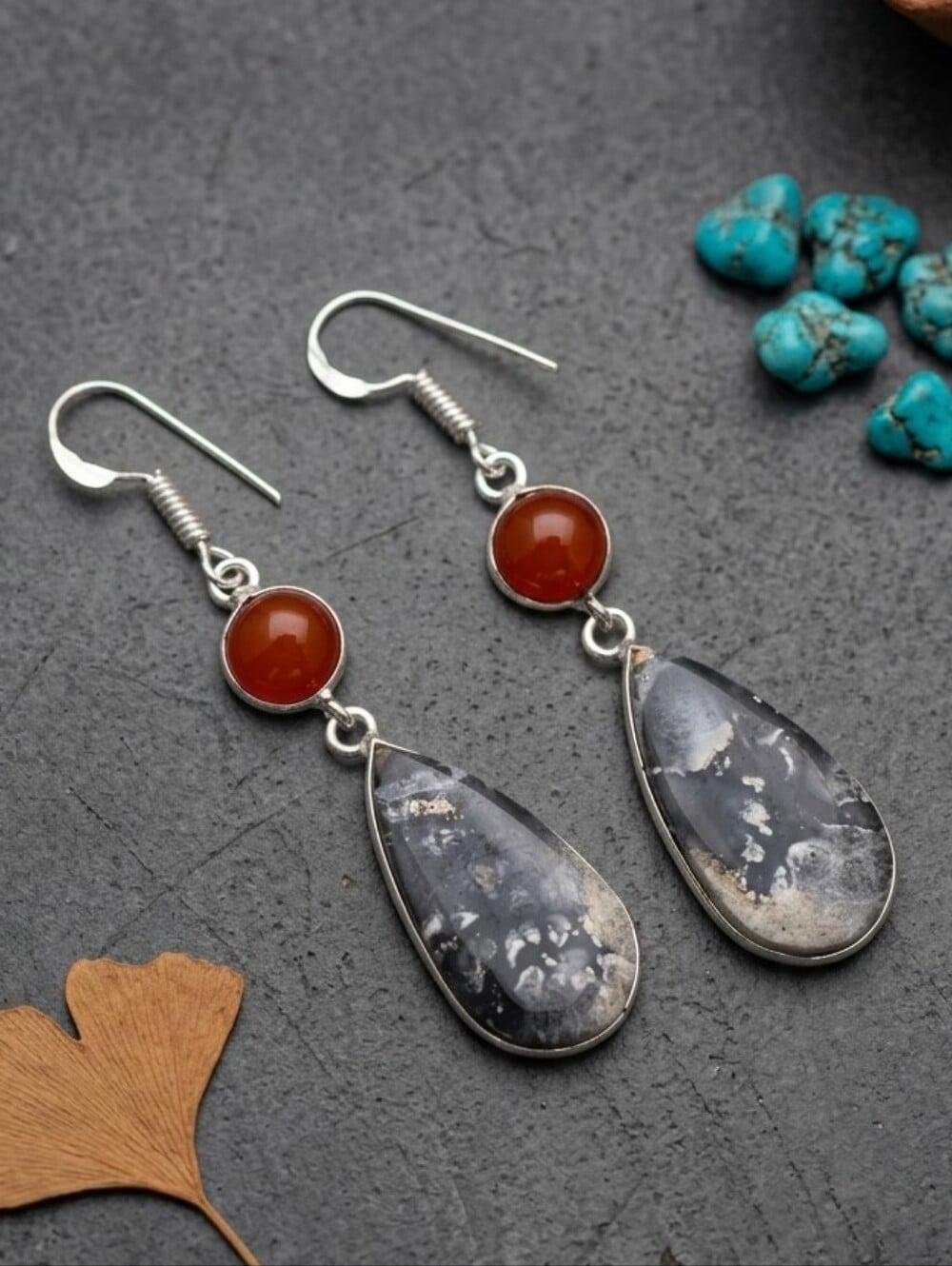 Maligano Jasper Carnelian Earrings 925 Sterling Silver Teardrop Dangle Boho 2.3" - NeoKira Unlimited