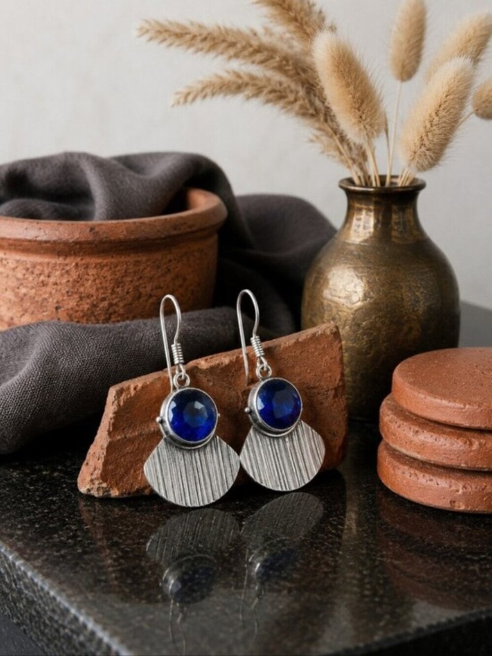 Dark Blue Crystal Fan Drop Earrings Artisan Boho 925 Sterling Silver Sz 1.8" L - NeoKira Unlimited