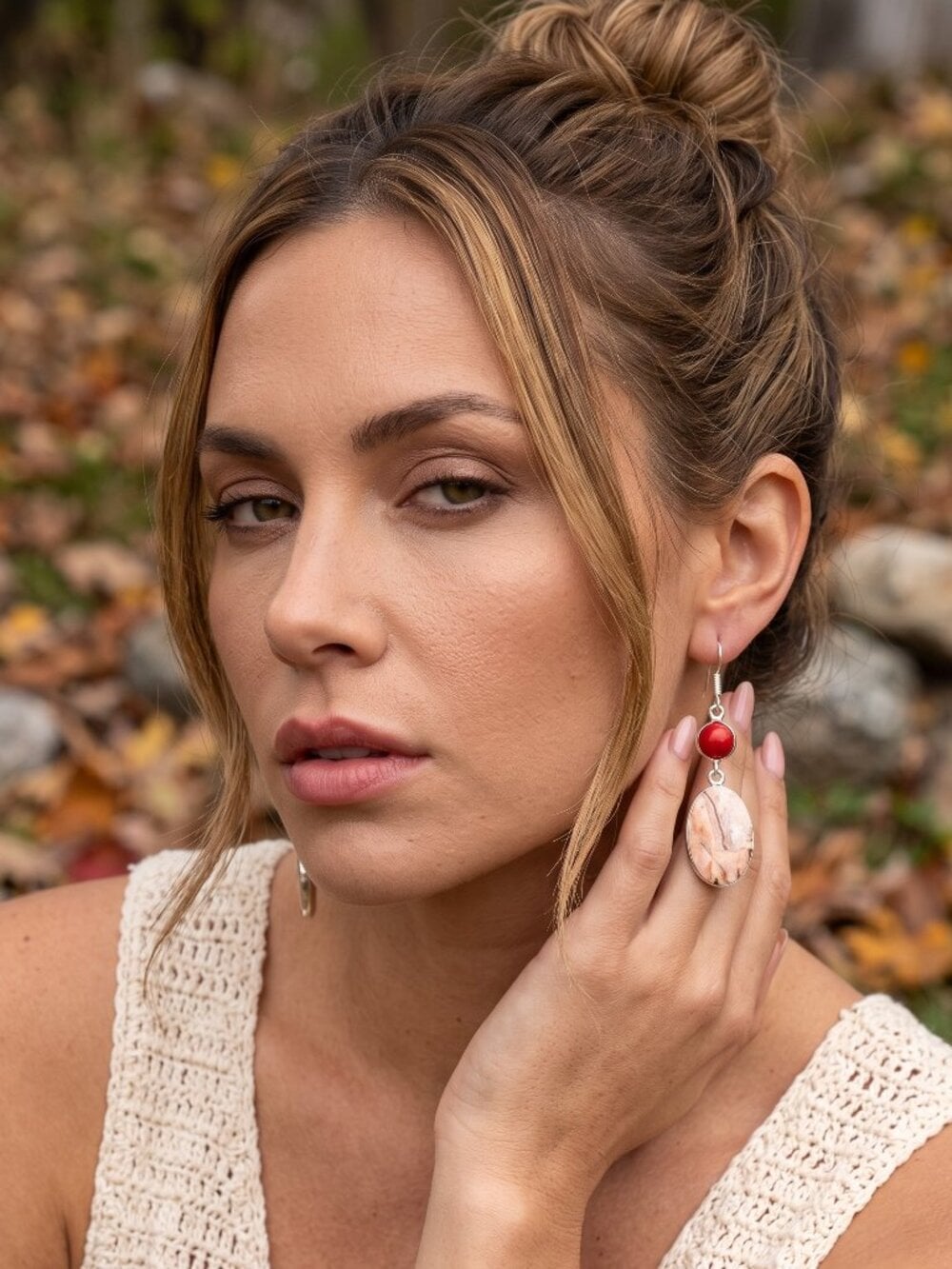 Crazy Lace Agate Red Coral Dangle Earrings 925 Sterling Silver Bohemian 2.2" - NeoKira Unlimited