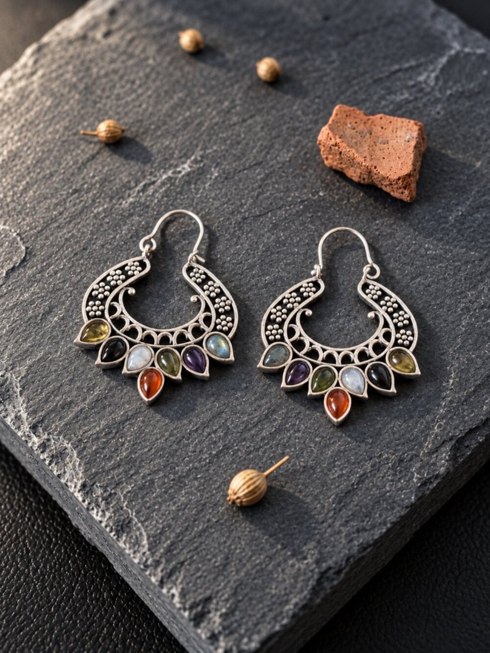 925 Sterling Silver Multi Gemstone Chakra Hoop Earrings Bali Filigree Boho 1.7" - NeoKira Unlimited