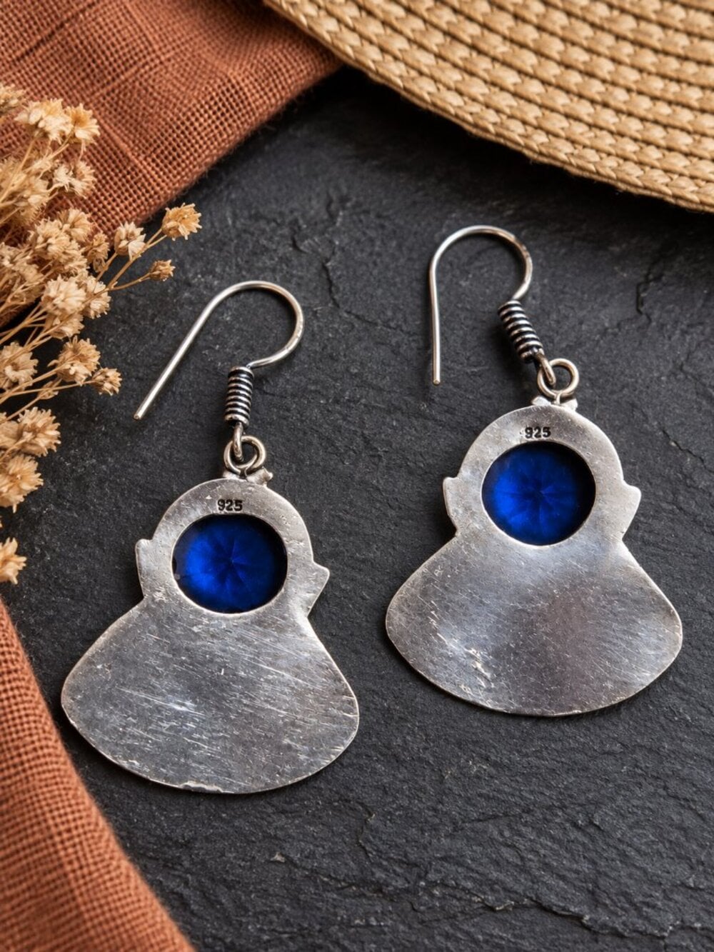 Dark Blue Crystal Fan Drop Earrings Artisan Boho 925 Sterling Silver Sz 1.8" L - NeoKira Unlimited