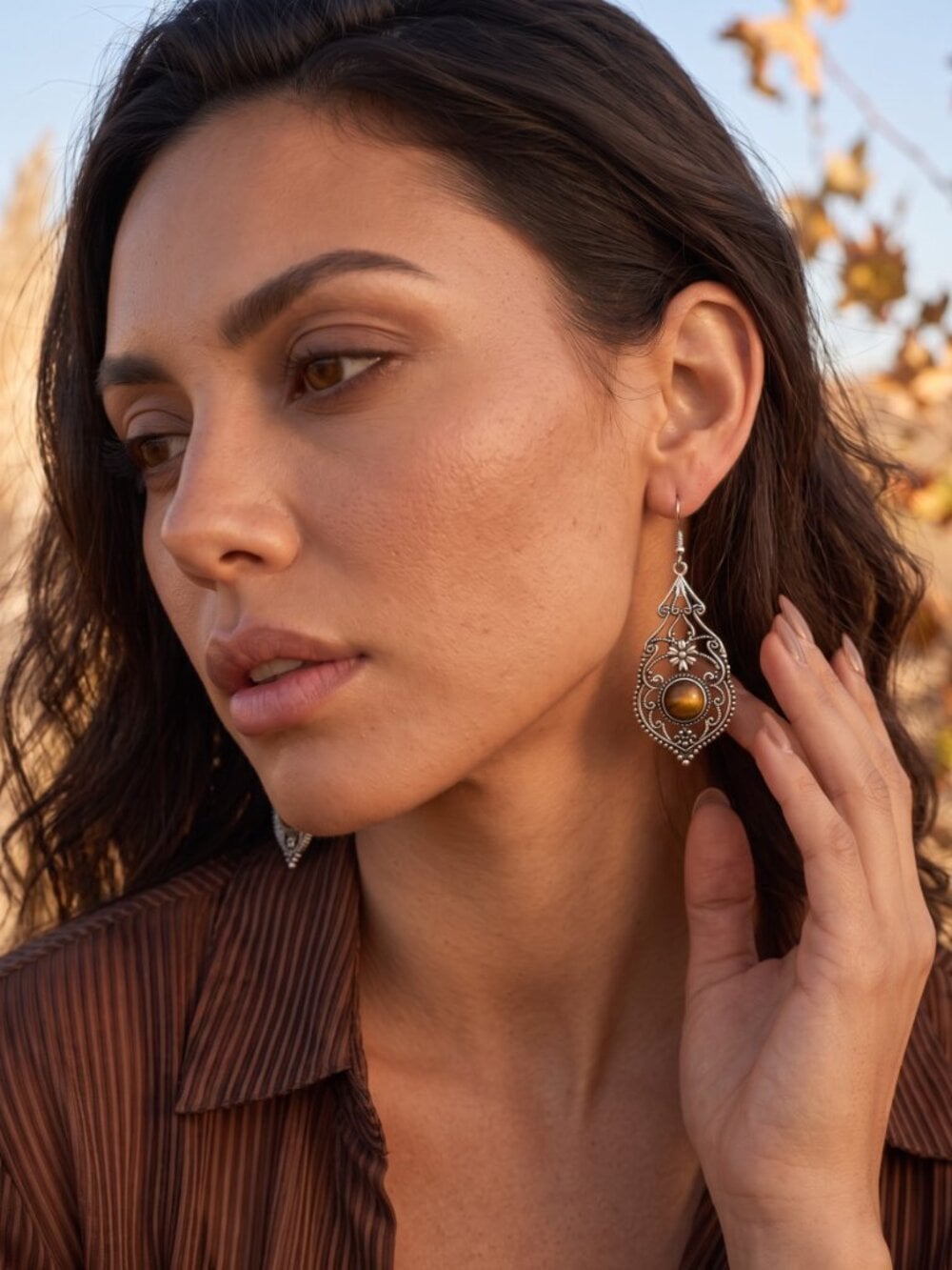 Tigers Eye Filigree Drop Earrings 925 Sterling Silver Artisan Boho 2.3"L - NeoKira Unlimited