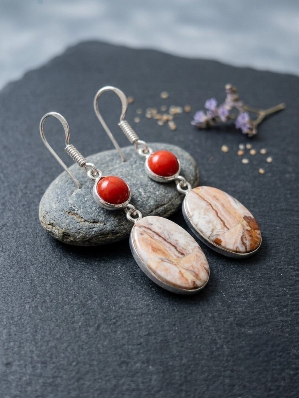 Crazy Lace Agate Red Coral Dangle Earrings 925 Sterling Silver Bohemian 2.2" - NeoKira Unlimited
