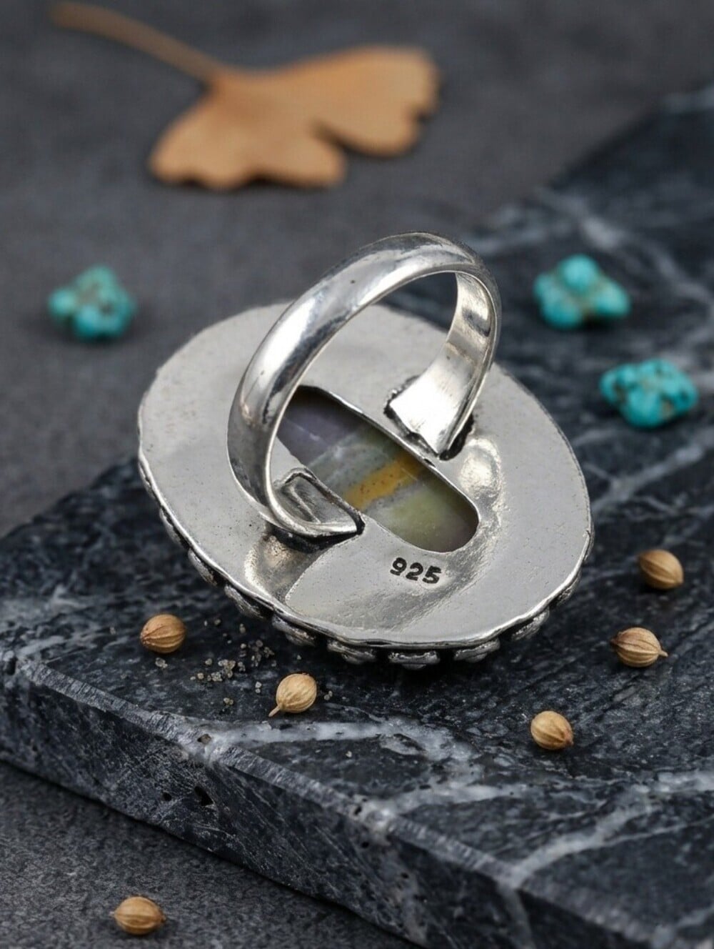 Fancy Jasper Ring 925 Sterling Silver Ornate Beaded Bezel Boho Chic Size 7.25 - NeoKira Unlimited