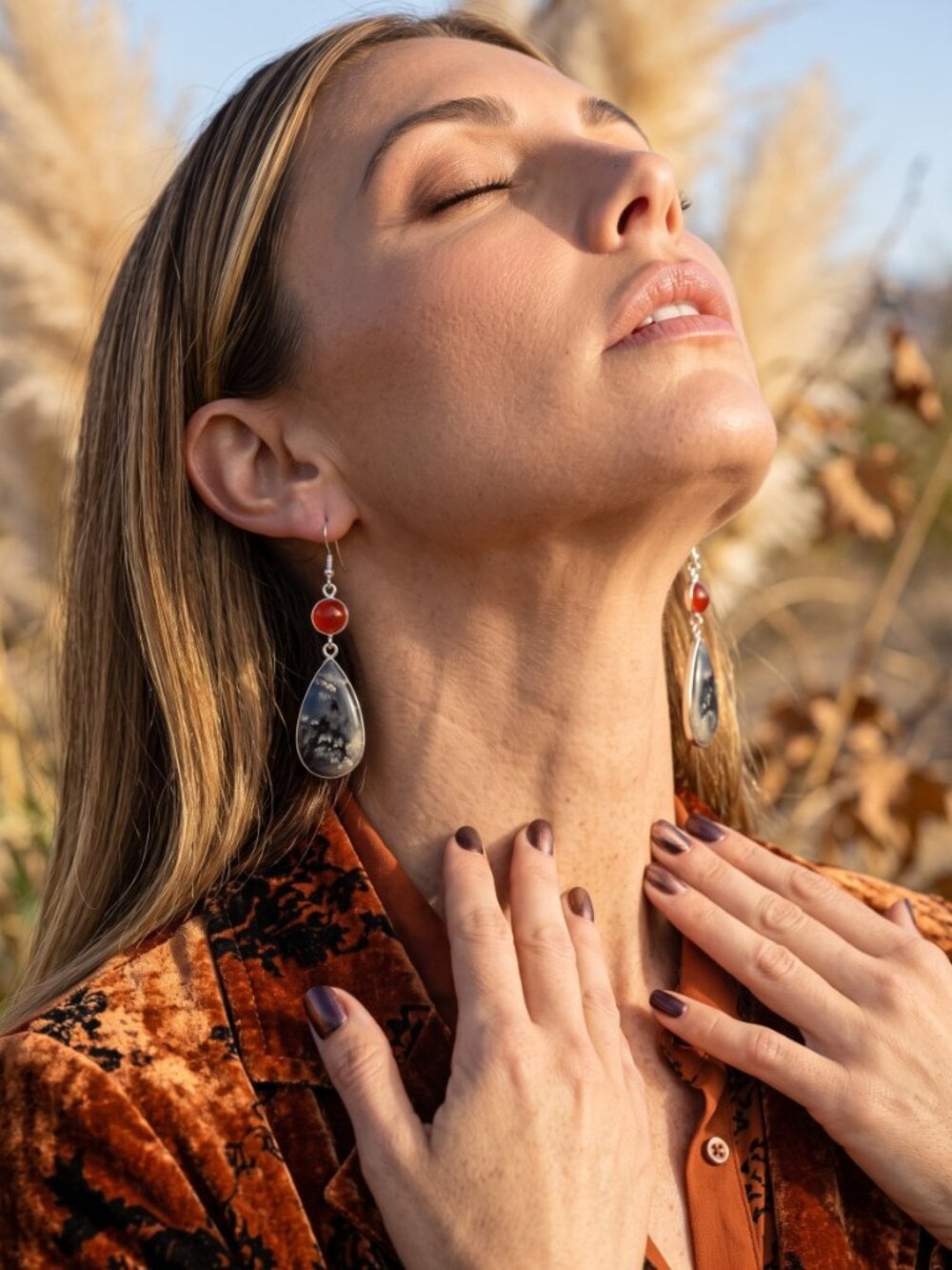 Maligano Jasper Carnelian Earrings 925 Sterling Silver Teardrop Dangle Boho 2.3" - NeoKira Unlimited