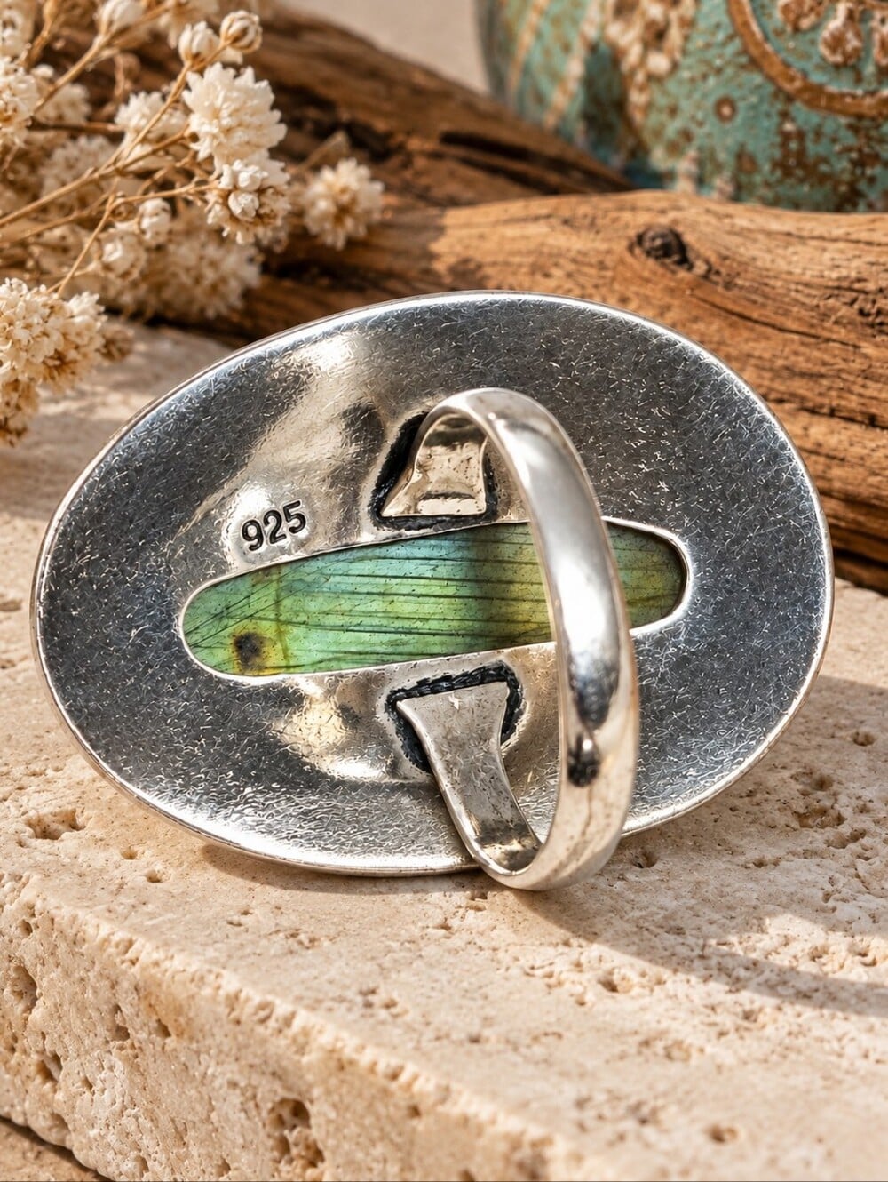 Genuine Labradorite Ring 925 Sterling Silver Beaded Artisan Boho Western Sz 9 - NeoKira Unlimited