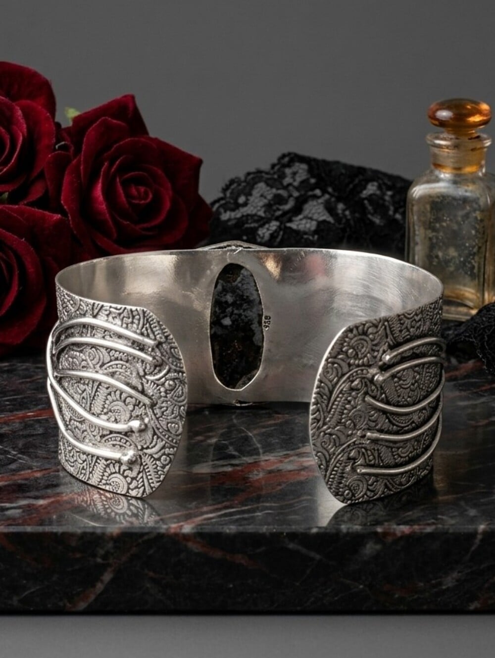 Sterling Silver Raw Black Tourmaline Wide Cuff Bracelet Whimsigoth Adjustable - NeoKira Unlimited