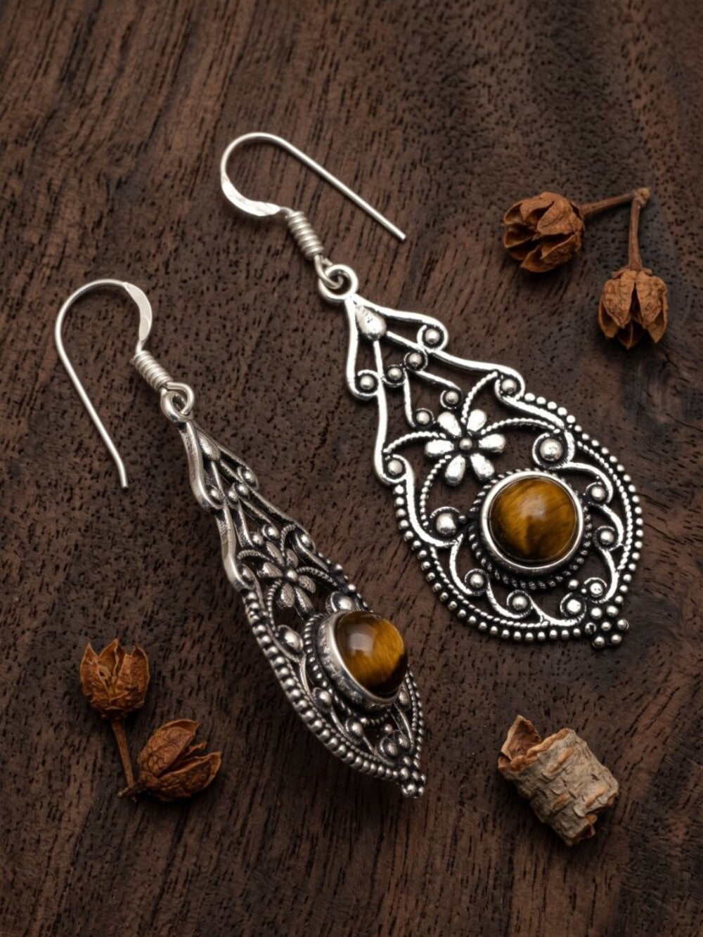 Tigers Eye Filigree Drop Earrings 925 Sterling Silver Artisan Boho 2.3"L - NeoKira Unlimited